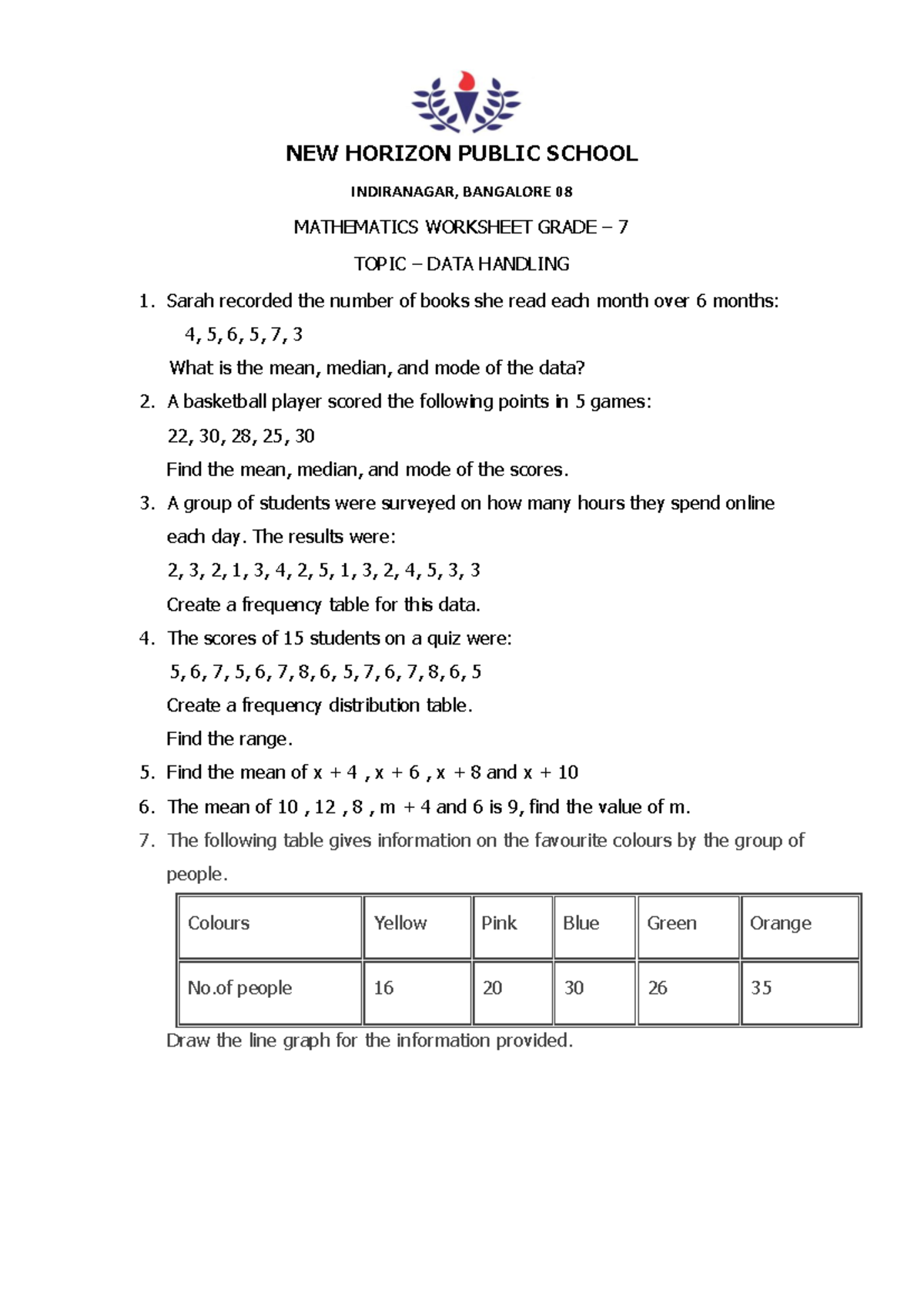 Grade 7 Math Worksheet: Data Handling & Number Concepts - Studocu