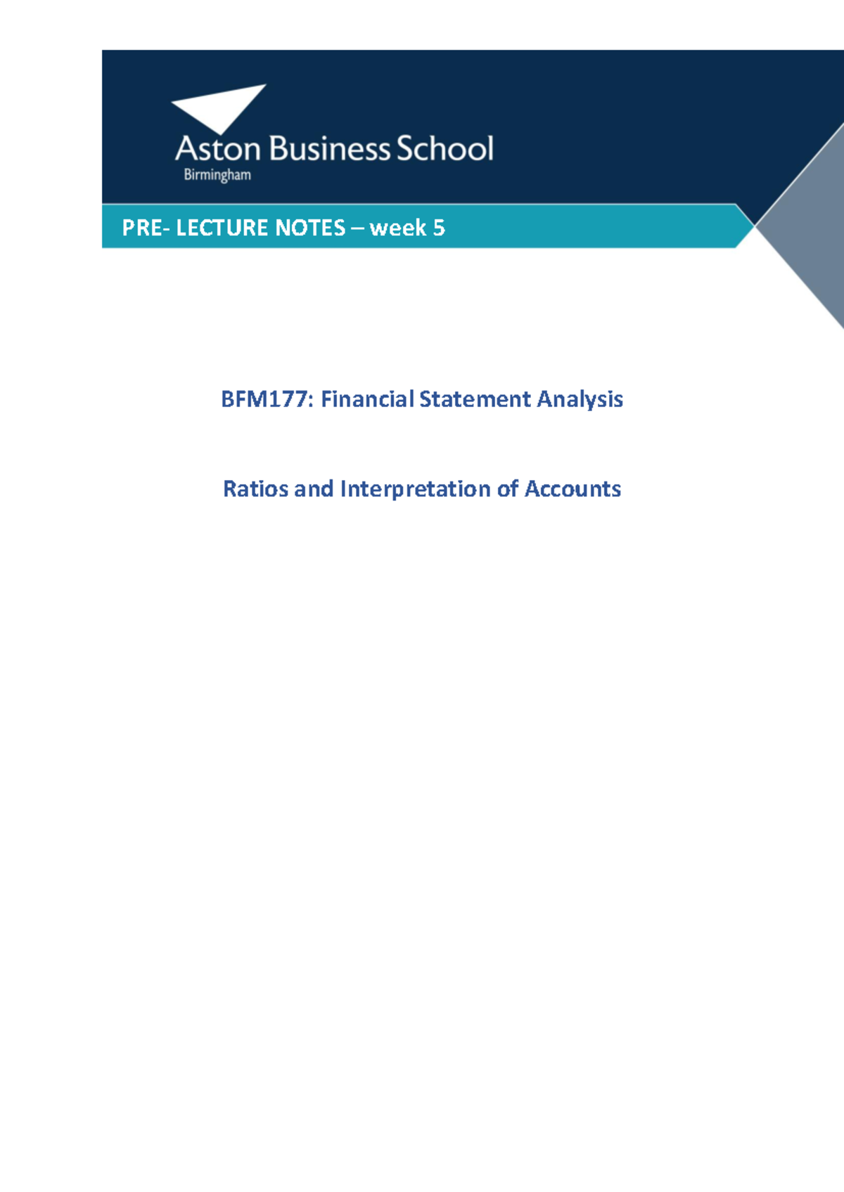 Pre lecture notes week 5 ratio analysis - BFM 177 : Financial Statement ...
