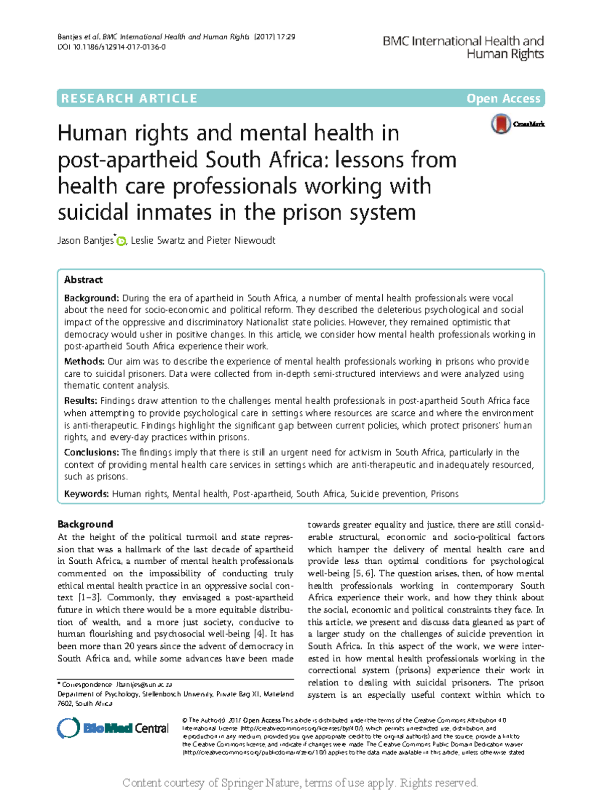 Human Rights and Mental Health in South African Prisons: Insights from ...