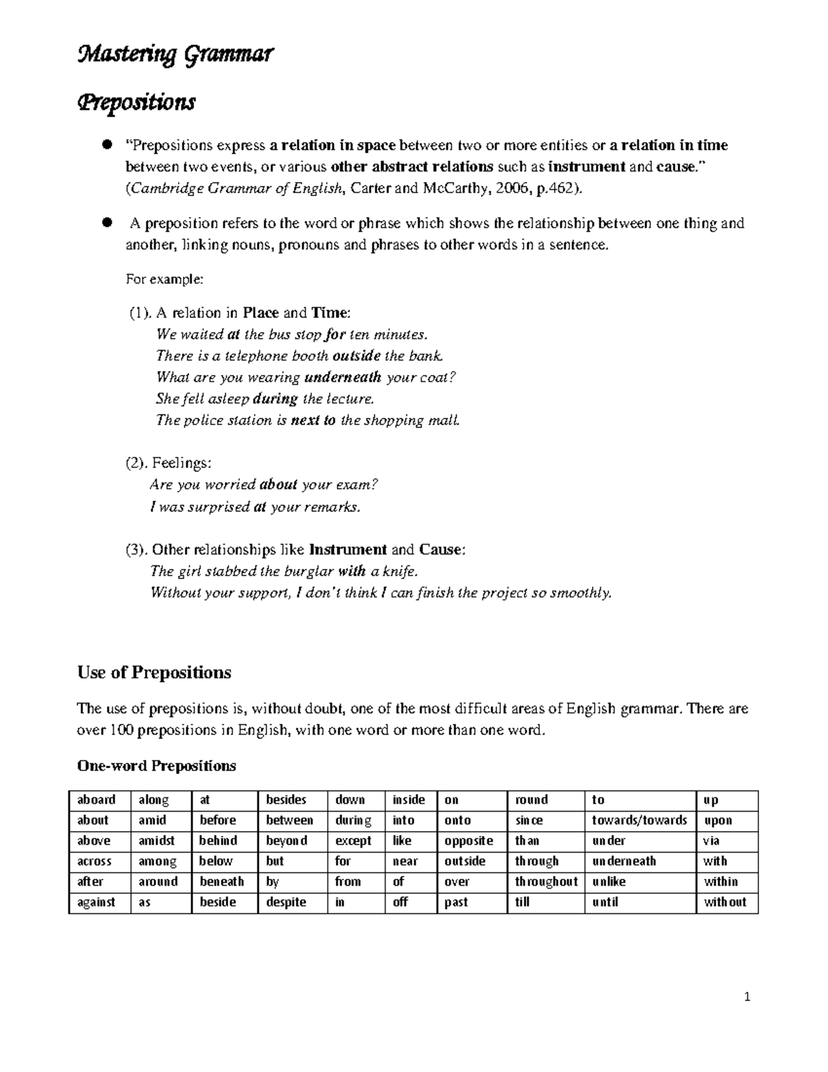 ILC Prepositions - Mastering Grammar and Exercises - Studocu