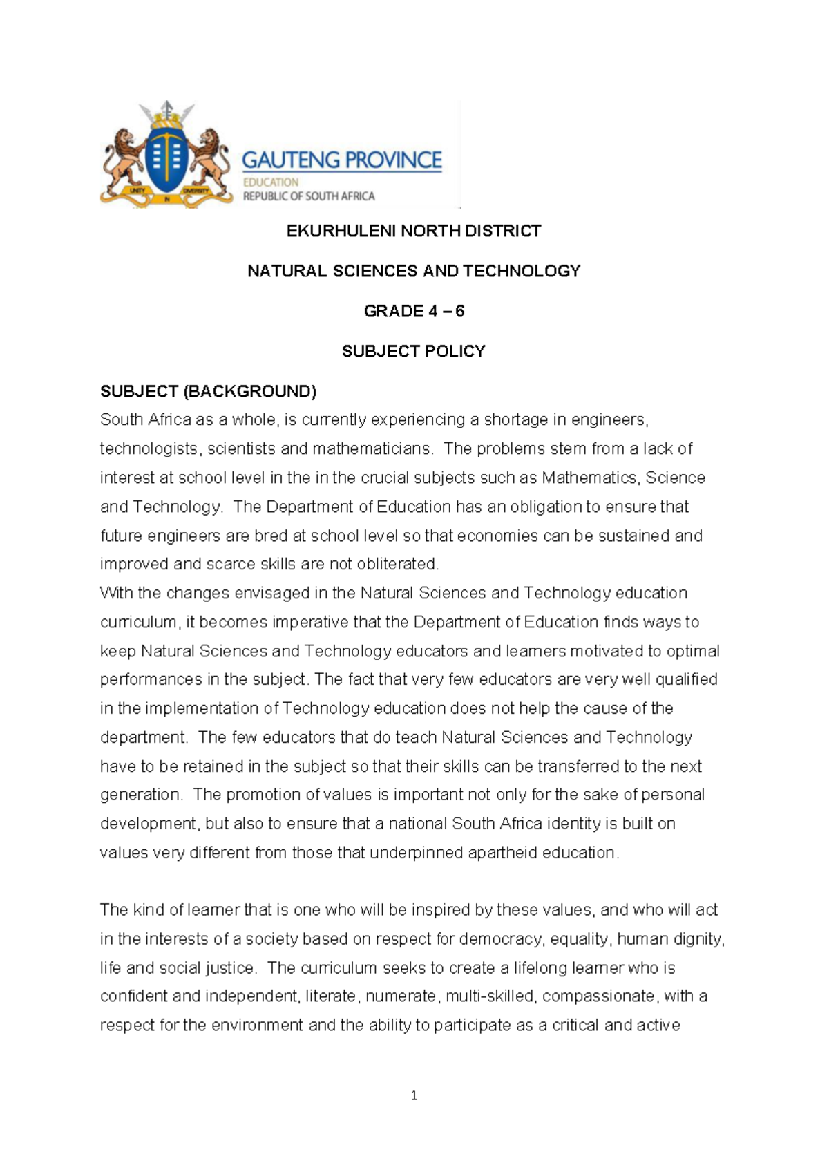 Subject Policy: Natural Sciences & Technology (NS & TECH) for Grade 4-6 ...