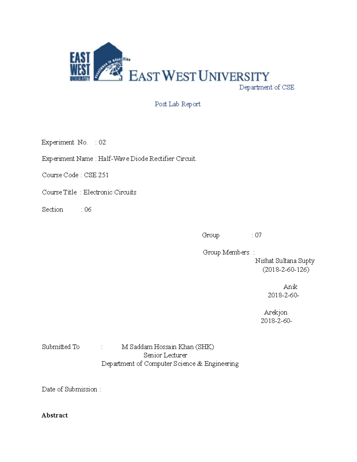 Post Lab Report 2: Half-Wave Diode Rectifier Circuit - CSE - Studocu