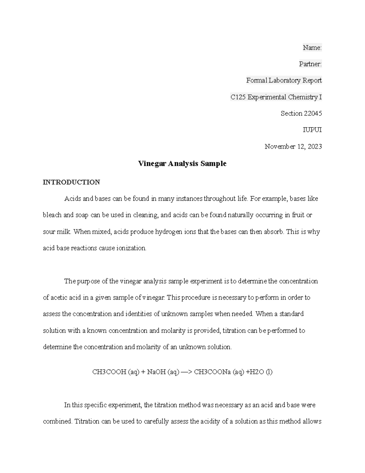 C125 Lab Report: Vinegar Analysis and Acetic Acid Concentration - Studocu