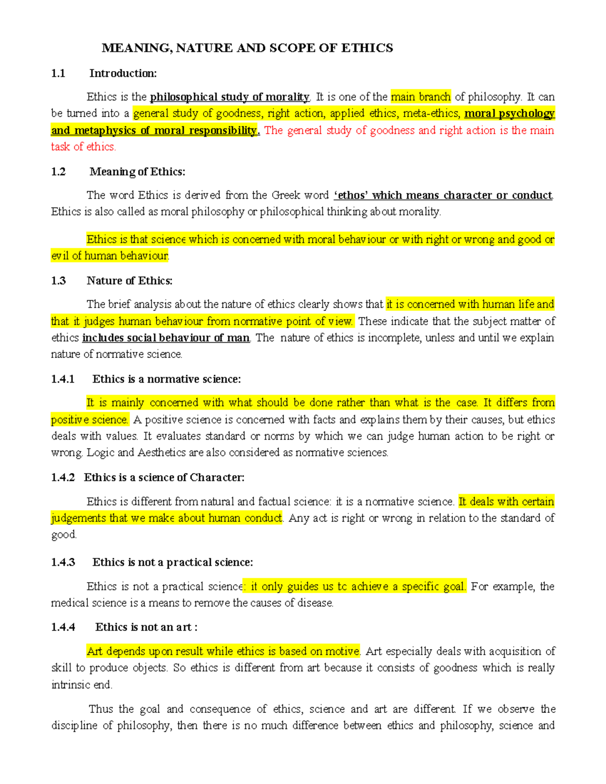 Module-1: Meaning, Nature, Scope & Principles of Ethics - Studocu