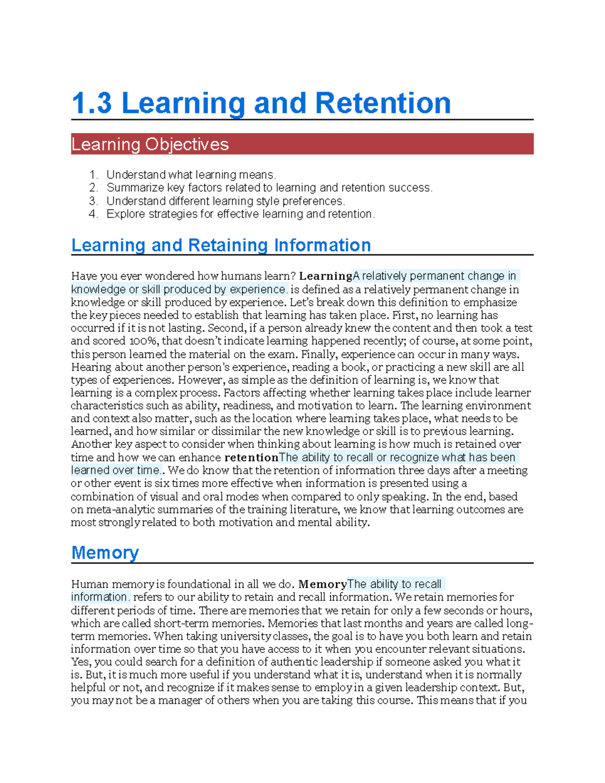 Learning and Retention - Organizational Behavior Lecture Notes - 1 ...