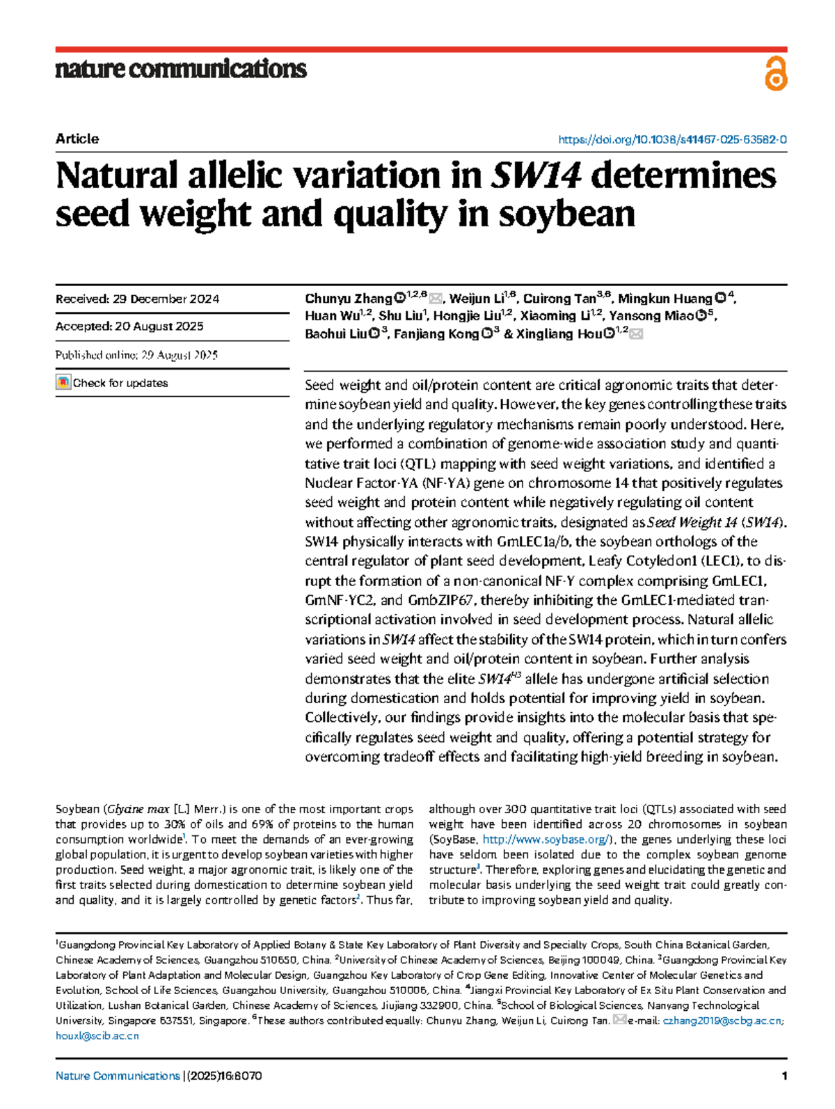Natural Allelic Variation in SW14: Impact on Soybean Seed Weight and ...