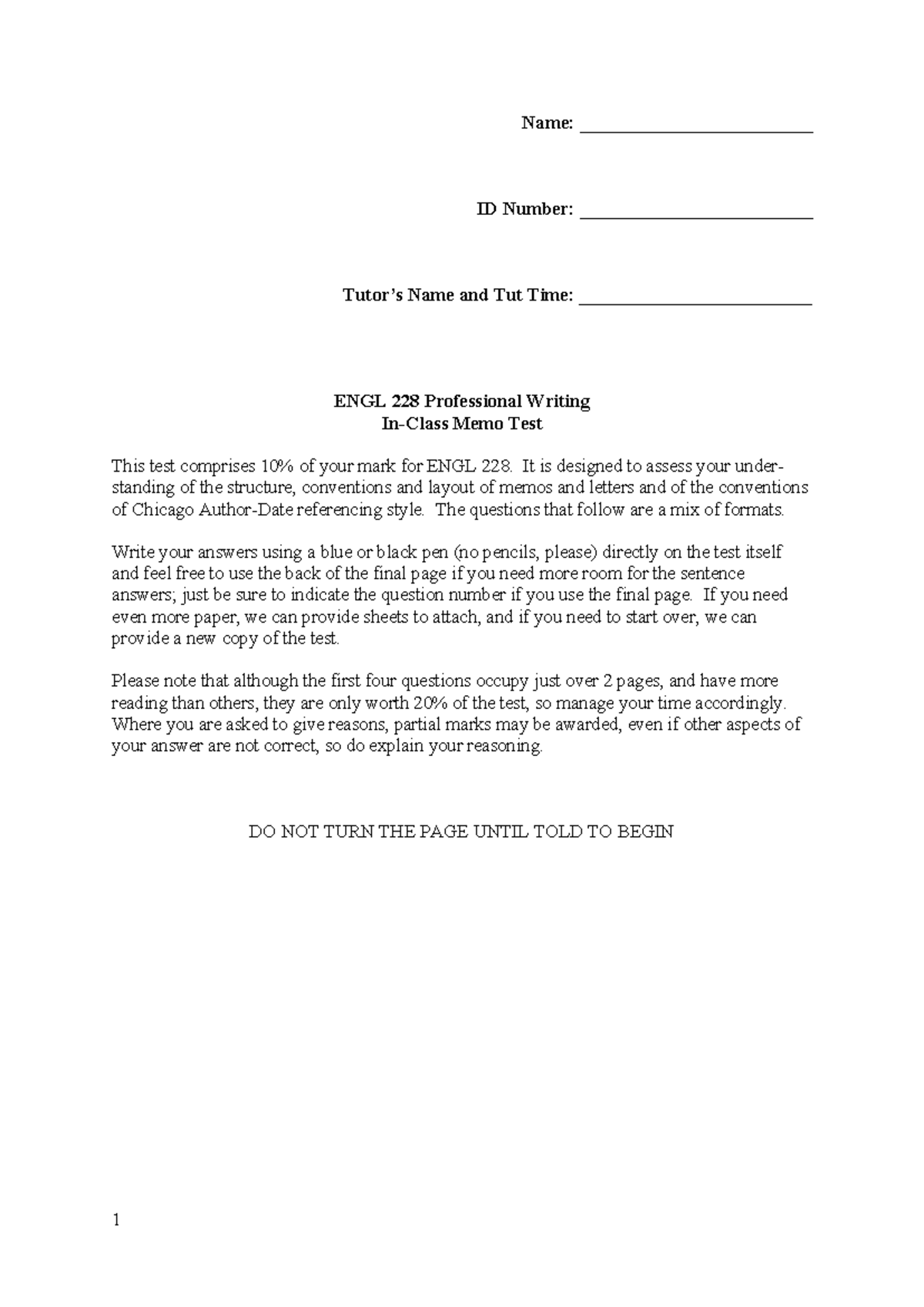 ENGL 228 In-Class Memo Test with Answers and Marking Guidelines - Studocu