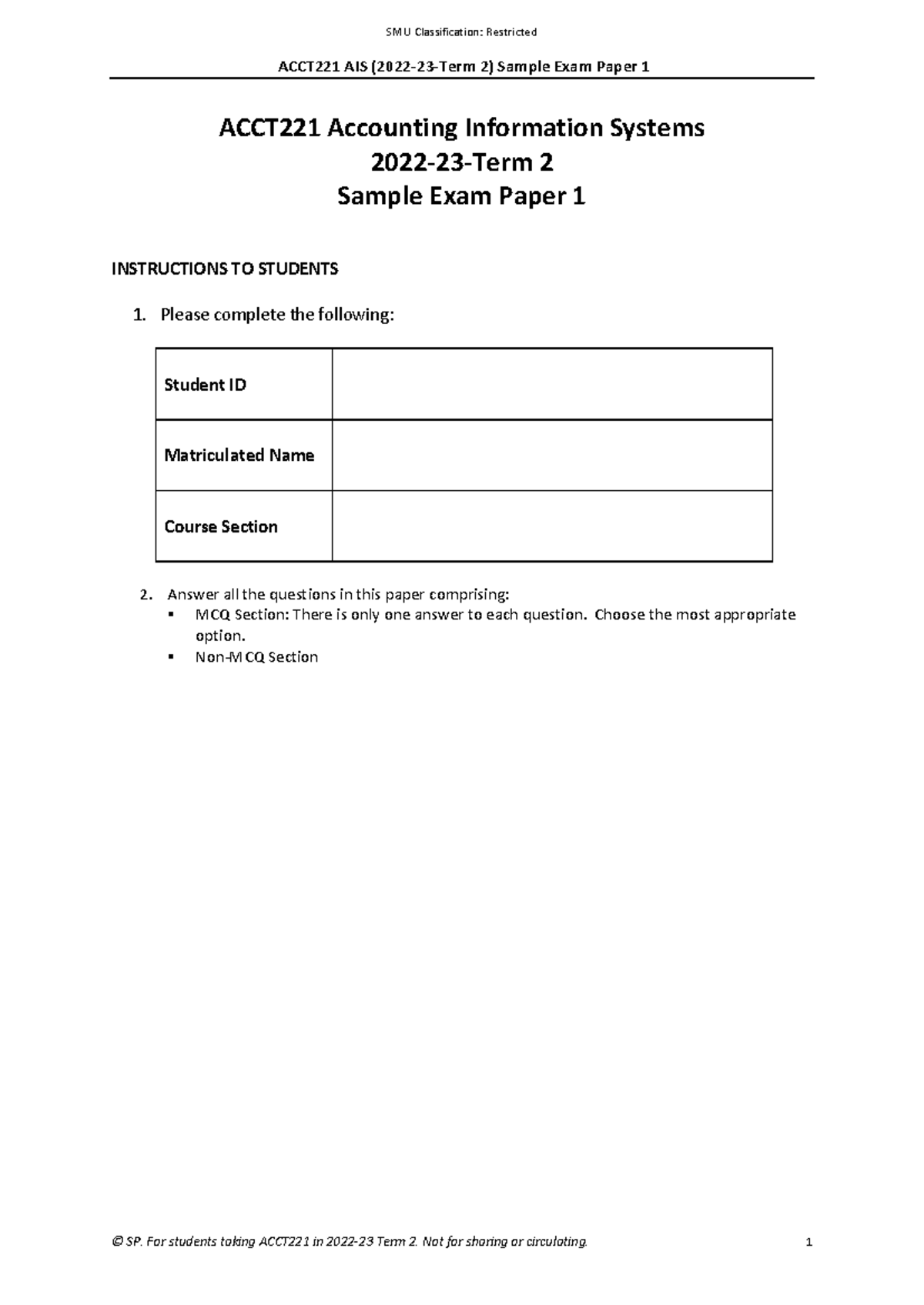 ACCT221 AIS - Sample Exam 1 - Apr 2023 - ACCT221 AIS (20 22 - 23 - Term ...