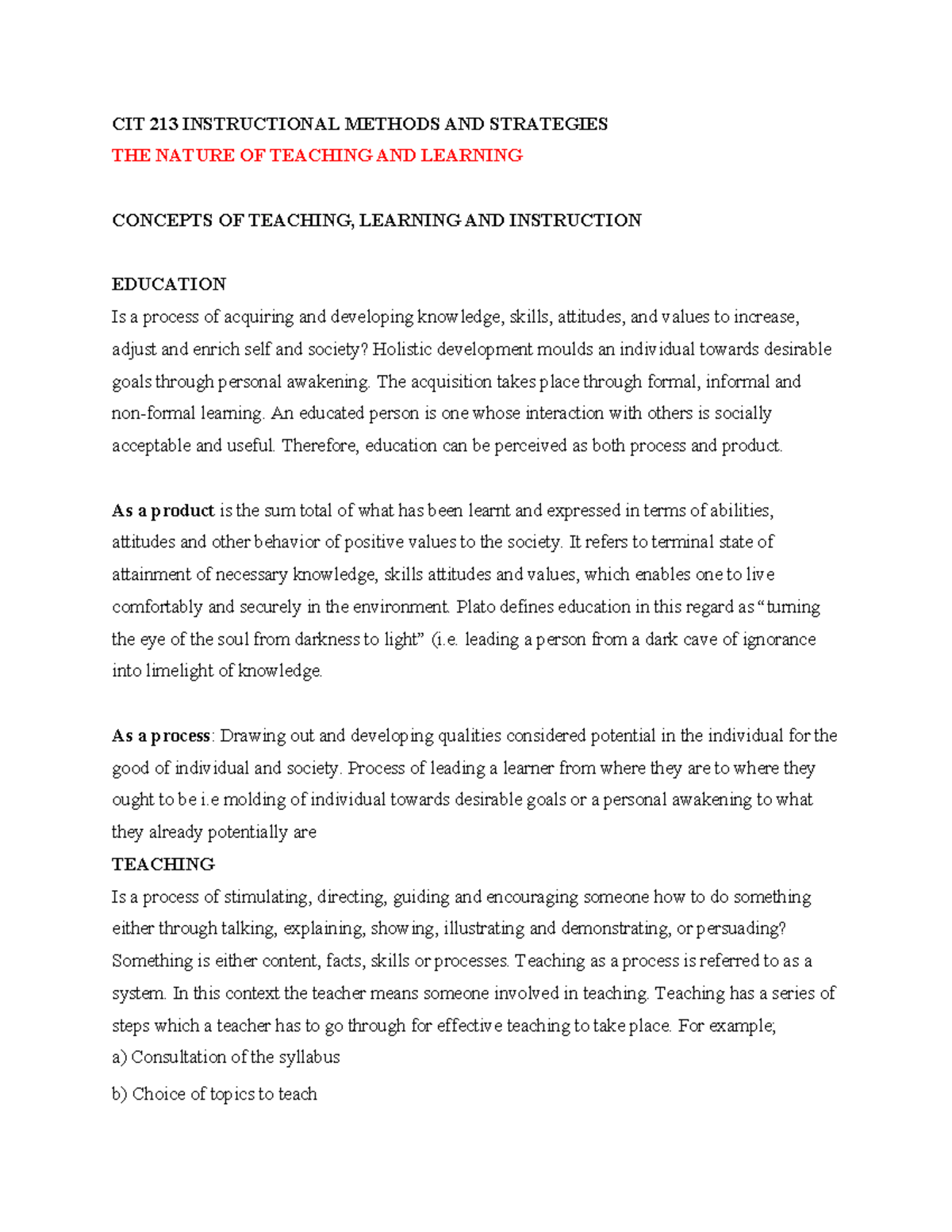 Instructional methods and strategies - CIT 213 INSTRUCTIONAL METHODS ...
