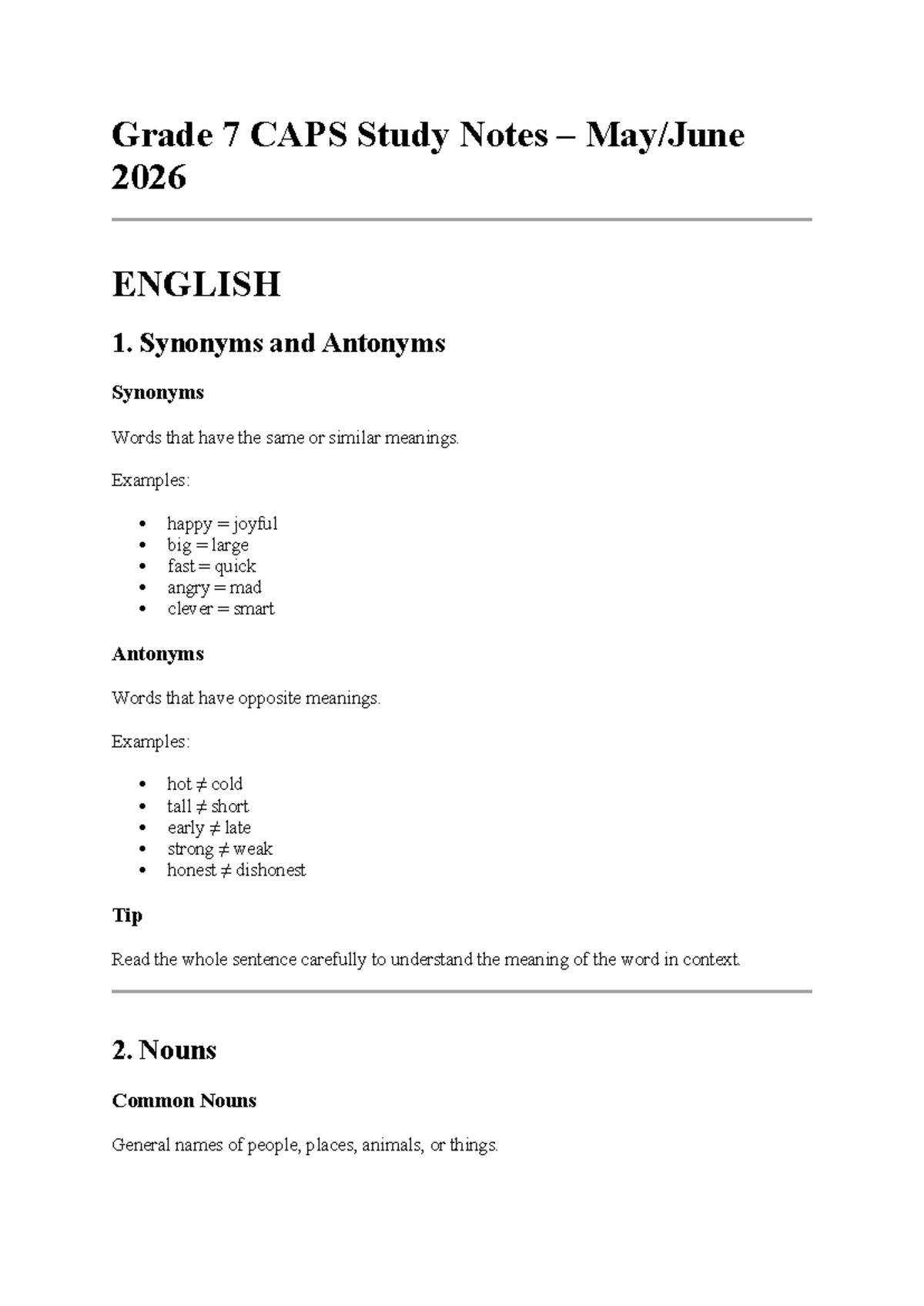 Grade 7 CAPS Study Notes: English, Math, Natural Sciences & EMS - Studocu