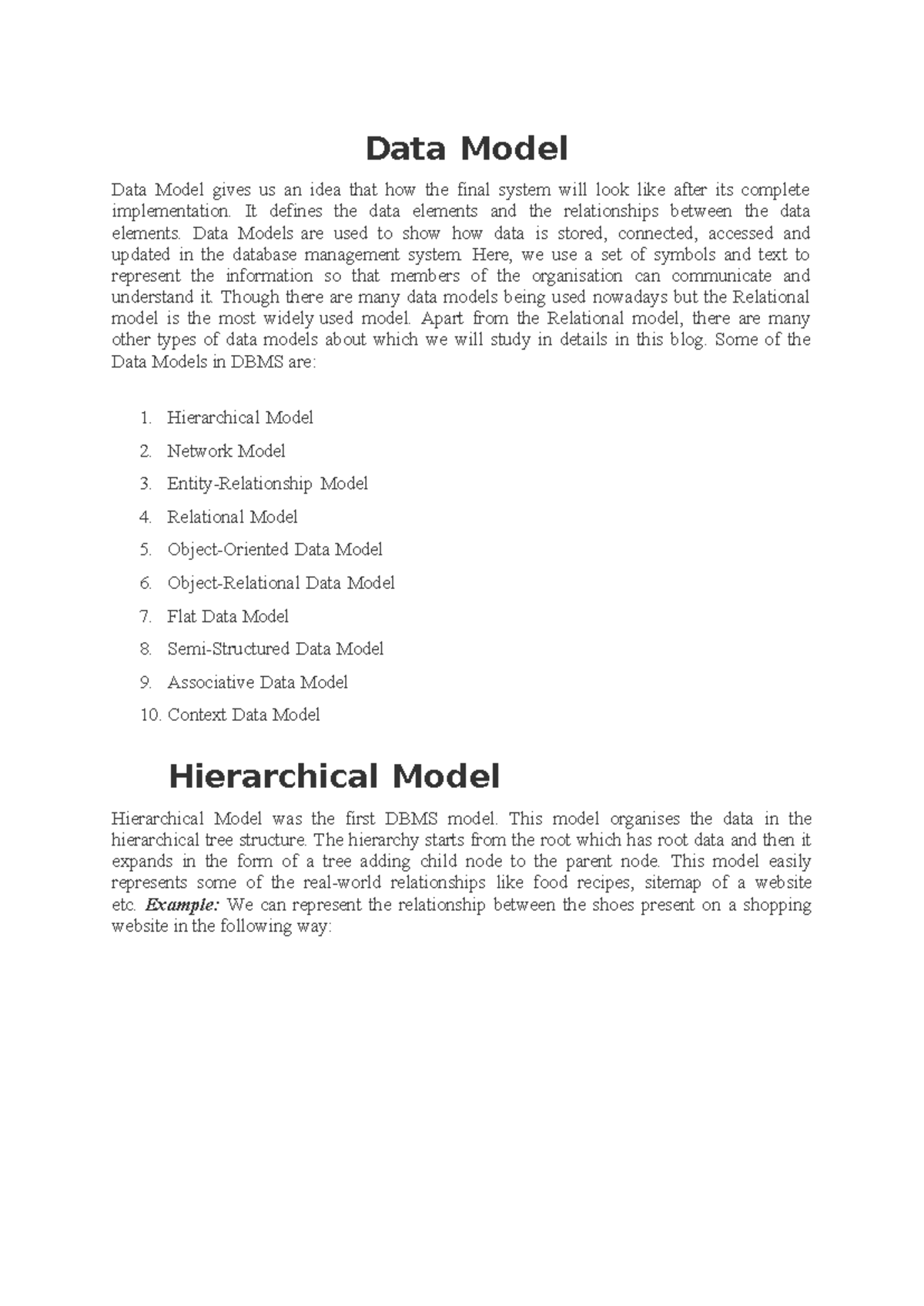DBMS Data Models Overview: Hierarchical, Network, and Relational - Studocu
