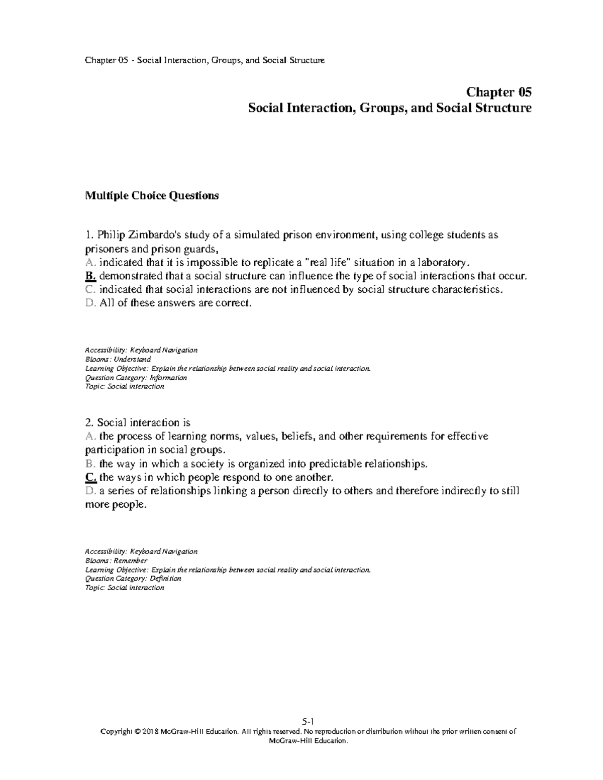 SOCS 101 Chapter 5 Social Interaction Test Bank Overview - Studocu