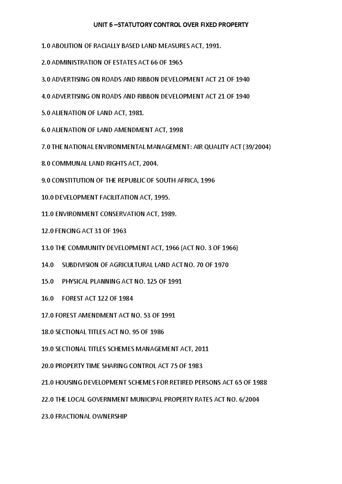 Statutory Control Over Fixed Property: Key Legislation Overview (Unit 6 ...