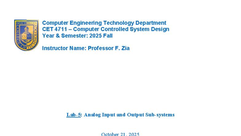 CET 4711 Lab Report #5: Analog Input & Output Control System - Studocu