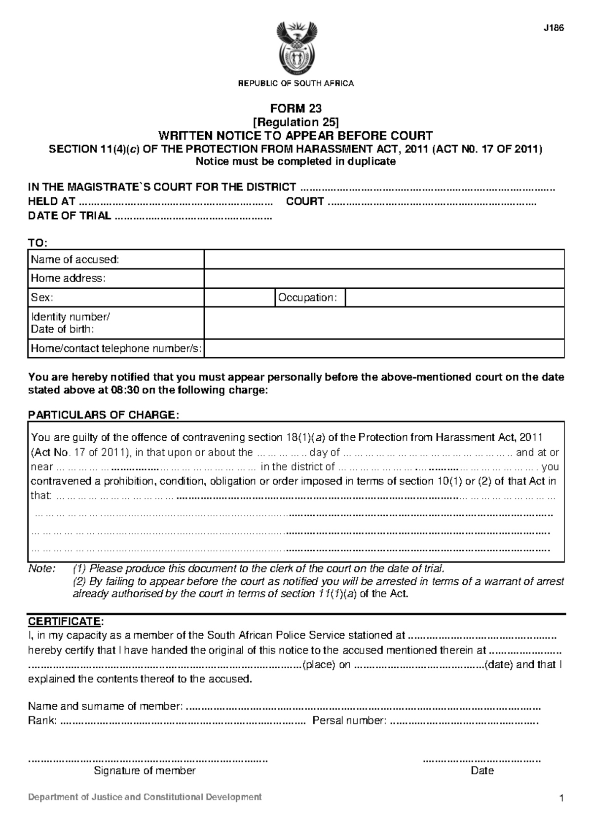 J186-Form23 - Written Notice to Appear in Court (Harassment Act) - Studocu