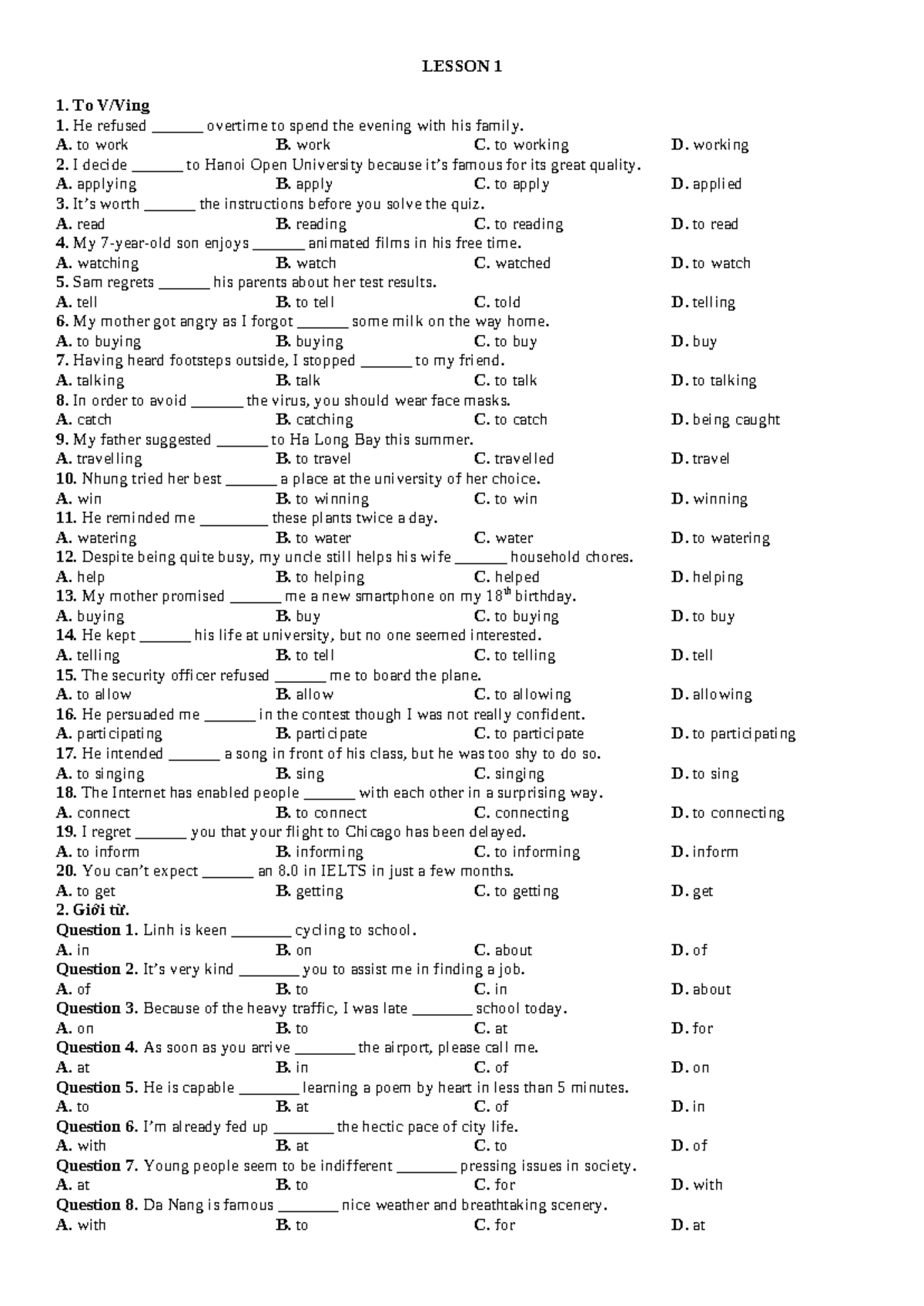 Lesson 1 - Grammar Exercises and Practice Questions - Studocu