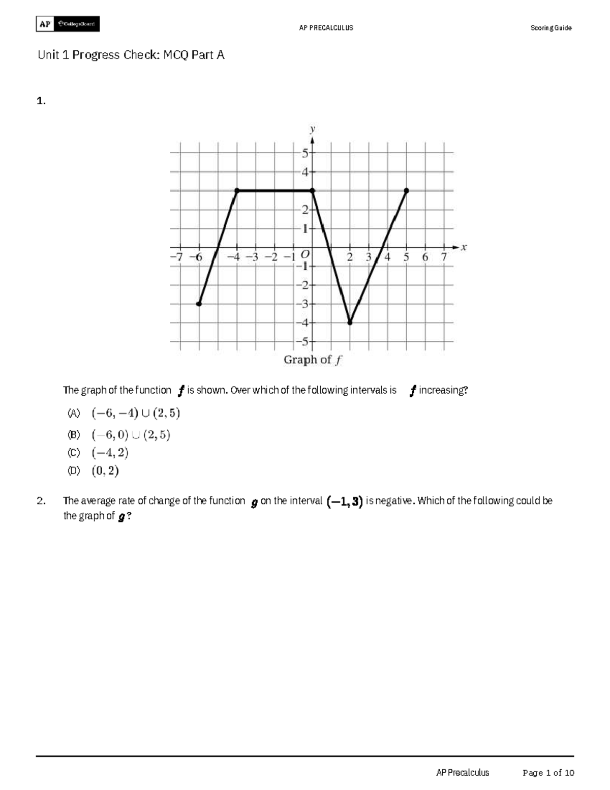 AP Precalculus Unit 1 Progress Check: MCQ Scoring Guide - Studocu