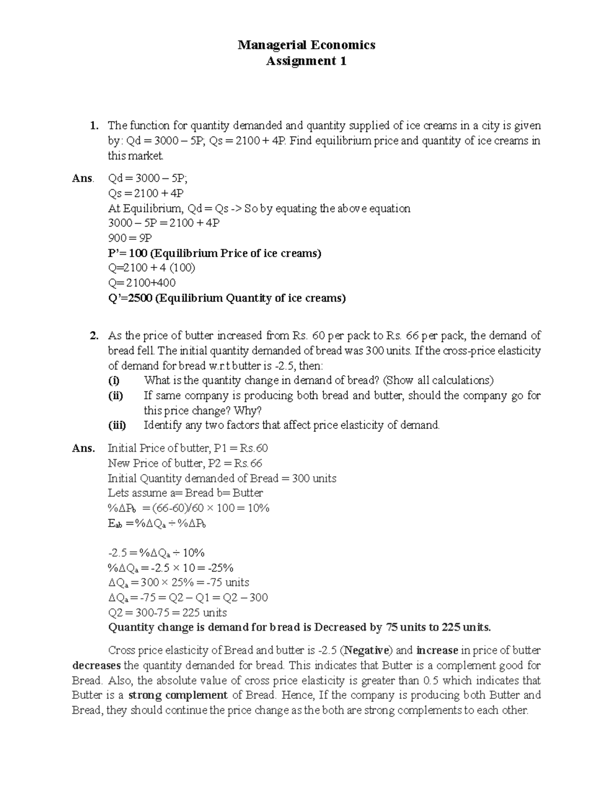 Managerial Economics Assignment 1 - Assignment 1 The function for ...