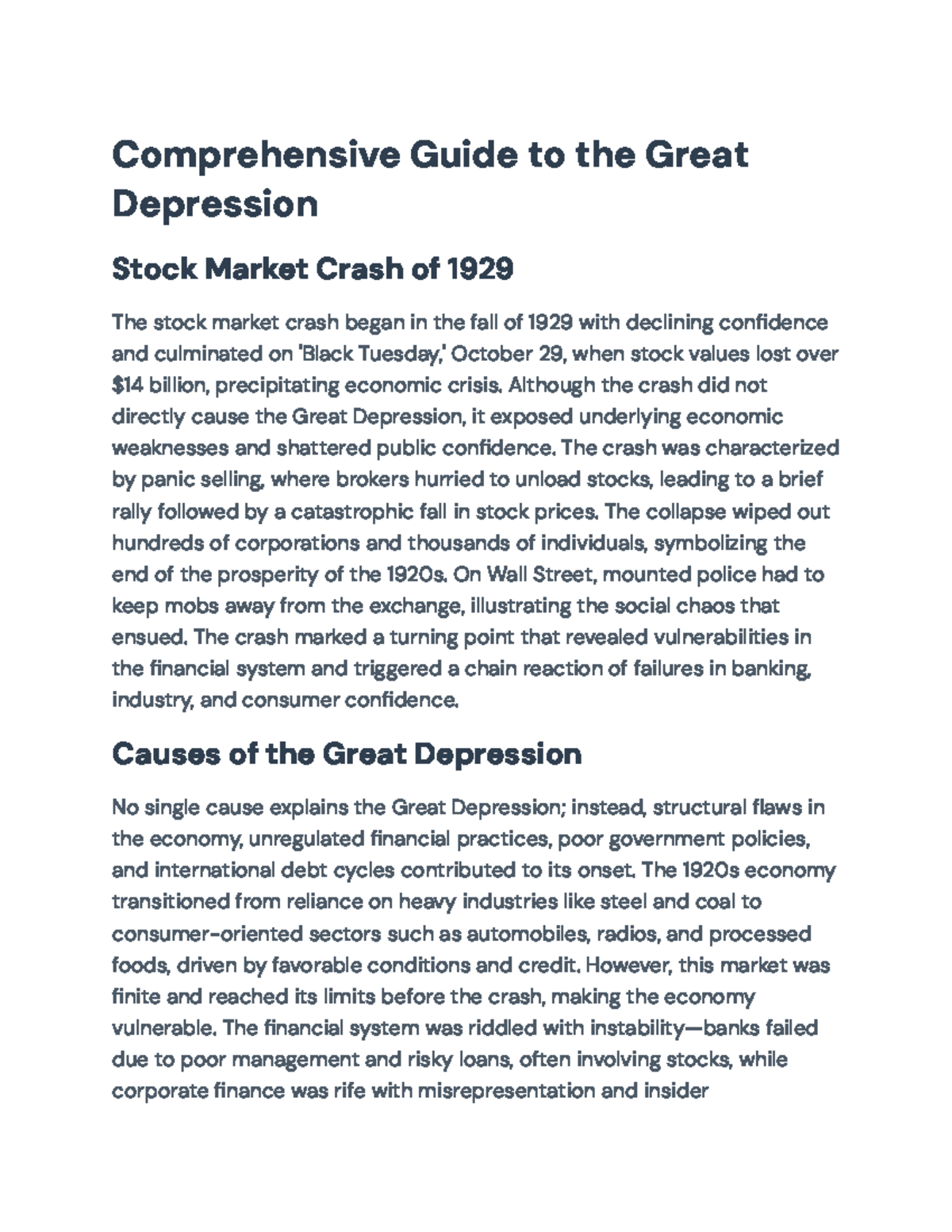 Comprehensive Overview of the Great Depression: Causes & Effects - Studocu