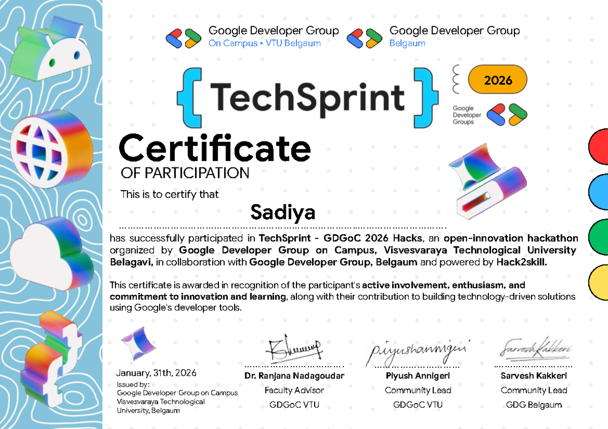 Certificate of Participation: TechSprint GDGoC 2026 at VTU Belgaum ...