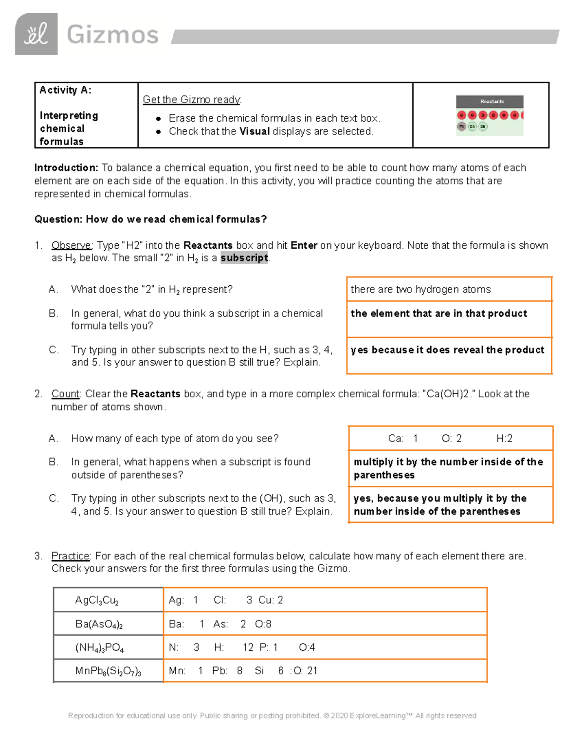Activity A: Interpreting Chemical Formulas in Chem Equations SE-1-2 ...