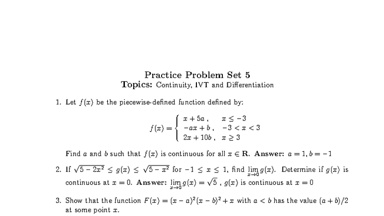 05 - Problem Set 5: Continuity, IVT, and Differentiation - Studocu