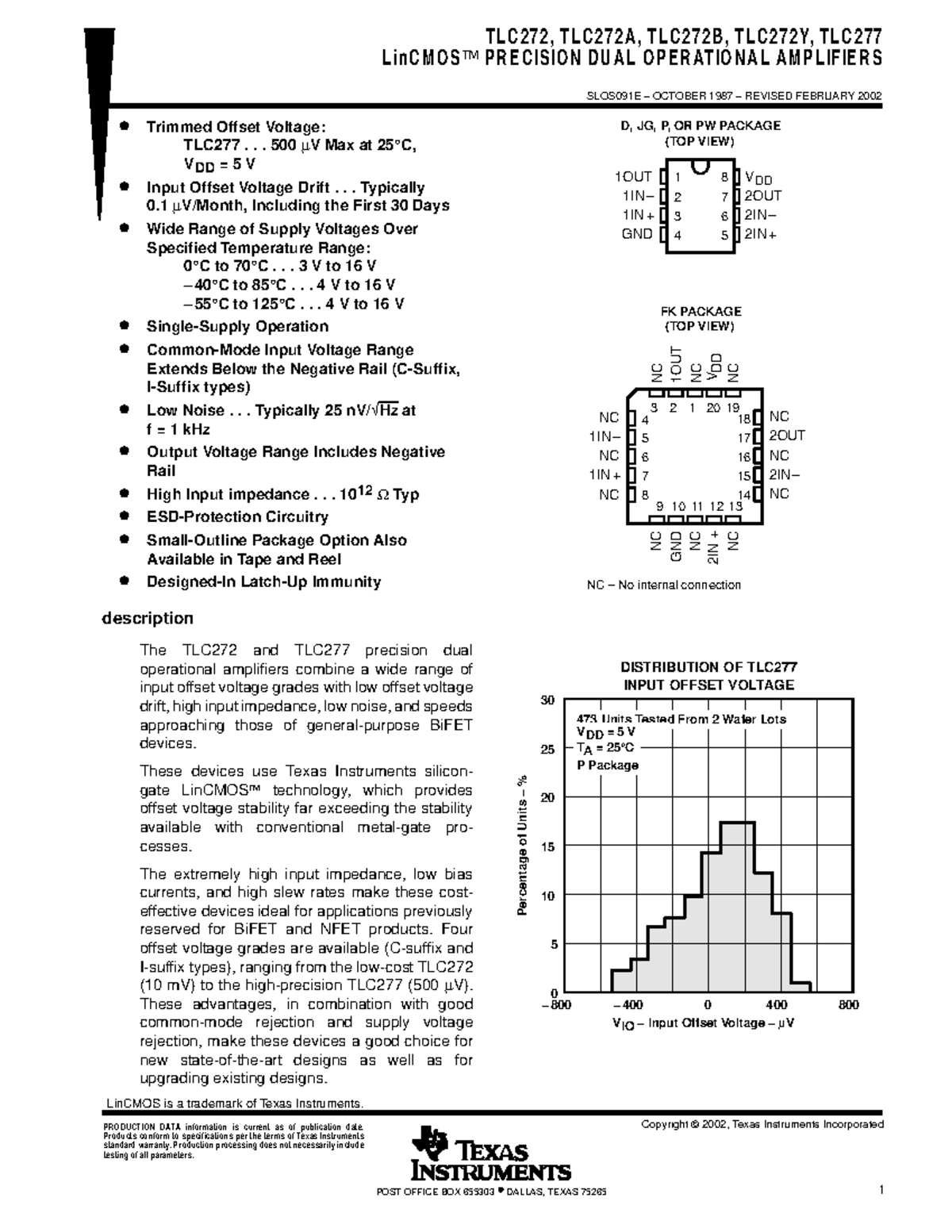 TLC272, TLC272A, TLC272B, TLC272Y, TLC277 Precision Dual Op Amps ...