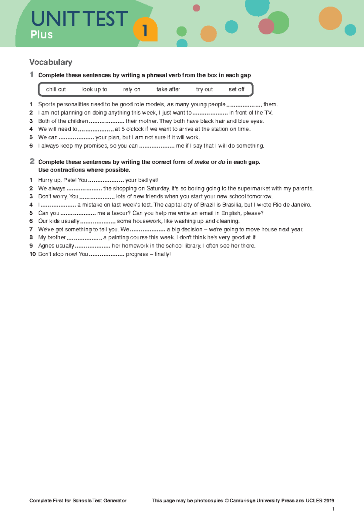 Complete First for Schools Plus 1 Unit Test 1 Vocabulary & Grammar ...