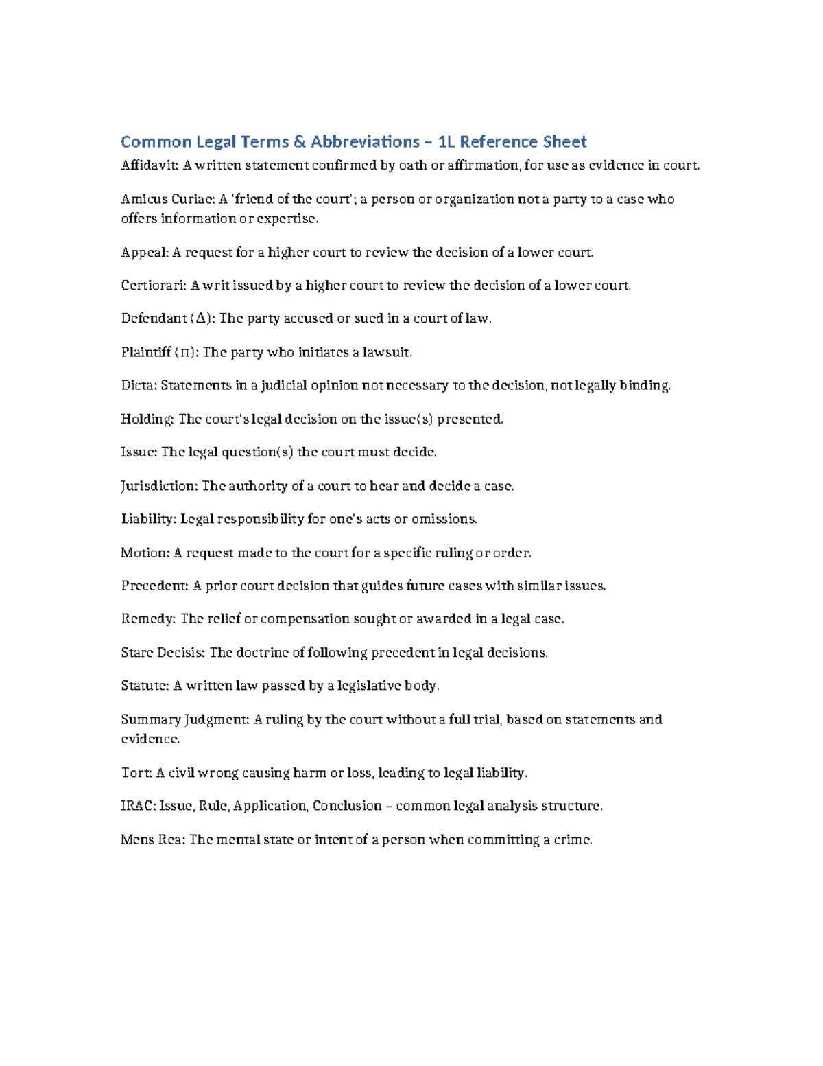Legal Terms Abbreviations 1L Reference Sheet - Studocu