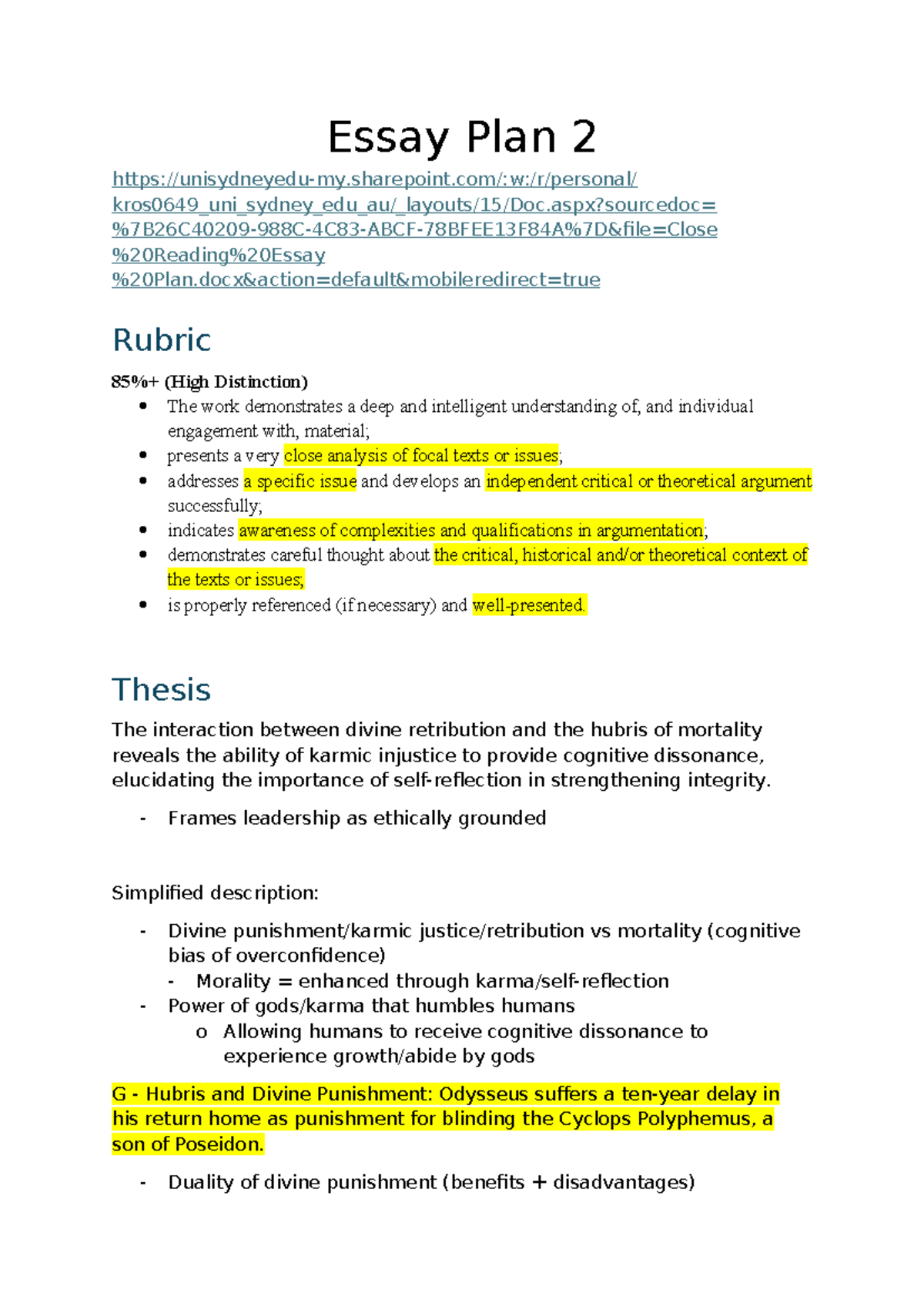 Essay Plan 2 Rubric (High Distinction) - Divine Retribution & Hubris ...