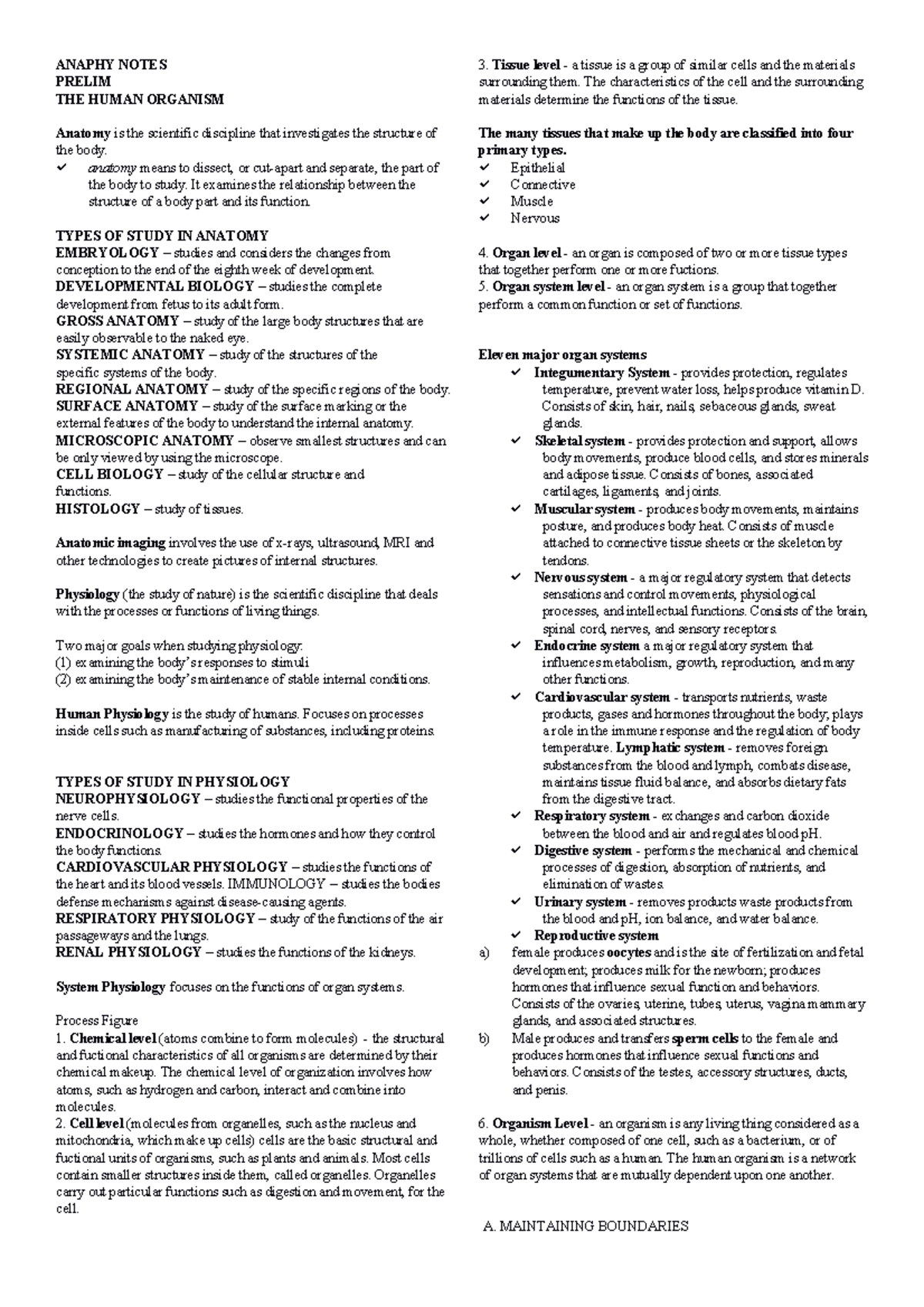 Anaphy 20 Notes 20FR 202 - ANAPHY NOTES PRELIM THE HUMAN ORGANISM ...