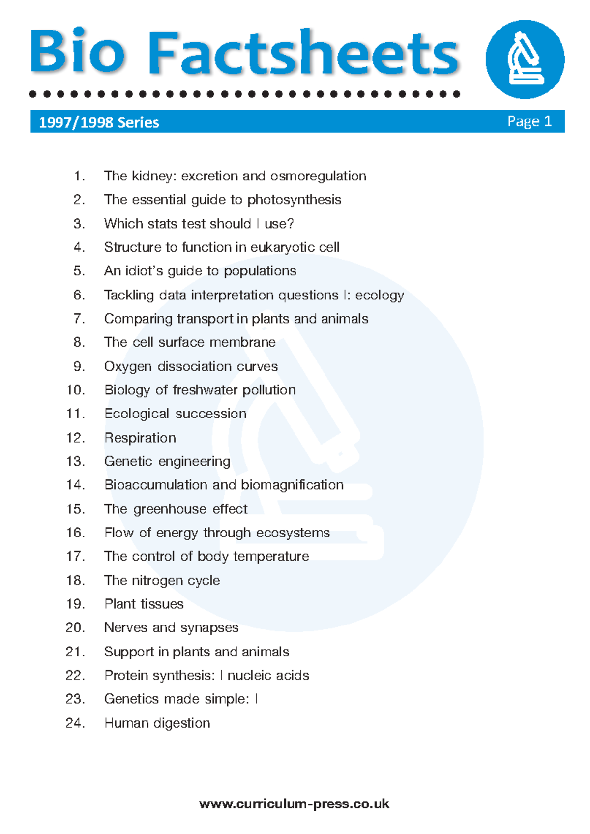 Biology Index 1 417 - Bio Factsheet List - 1997/1998 Series