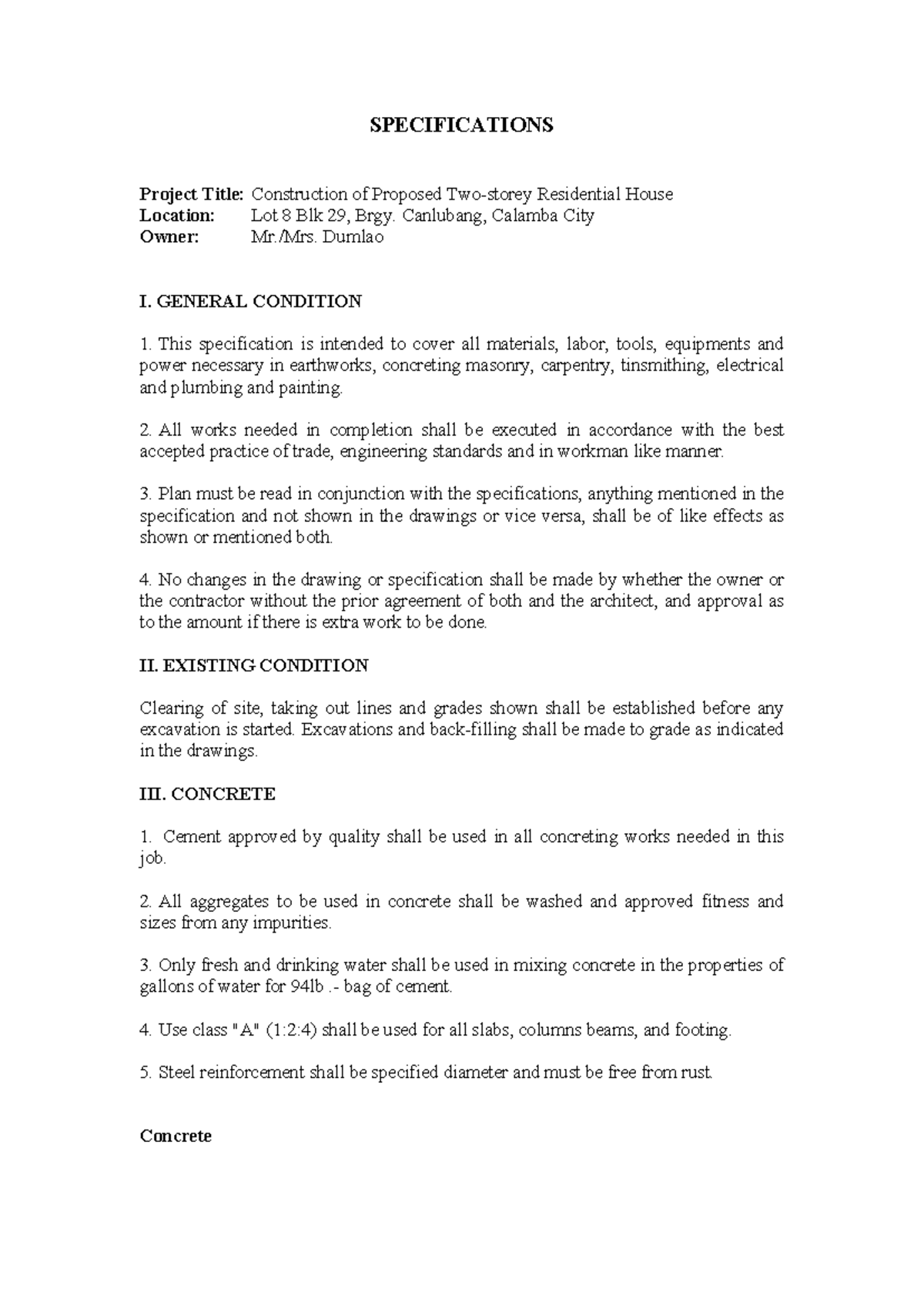 Specification Writing for Midterm: Proposed Residential House Project ...
