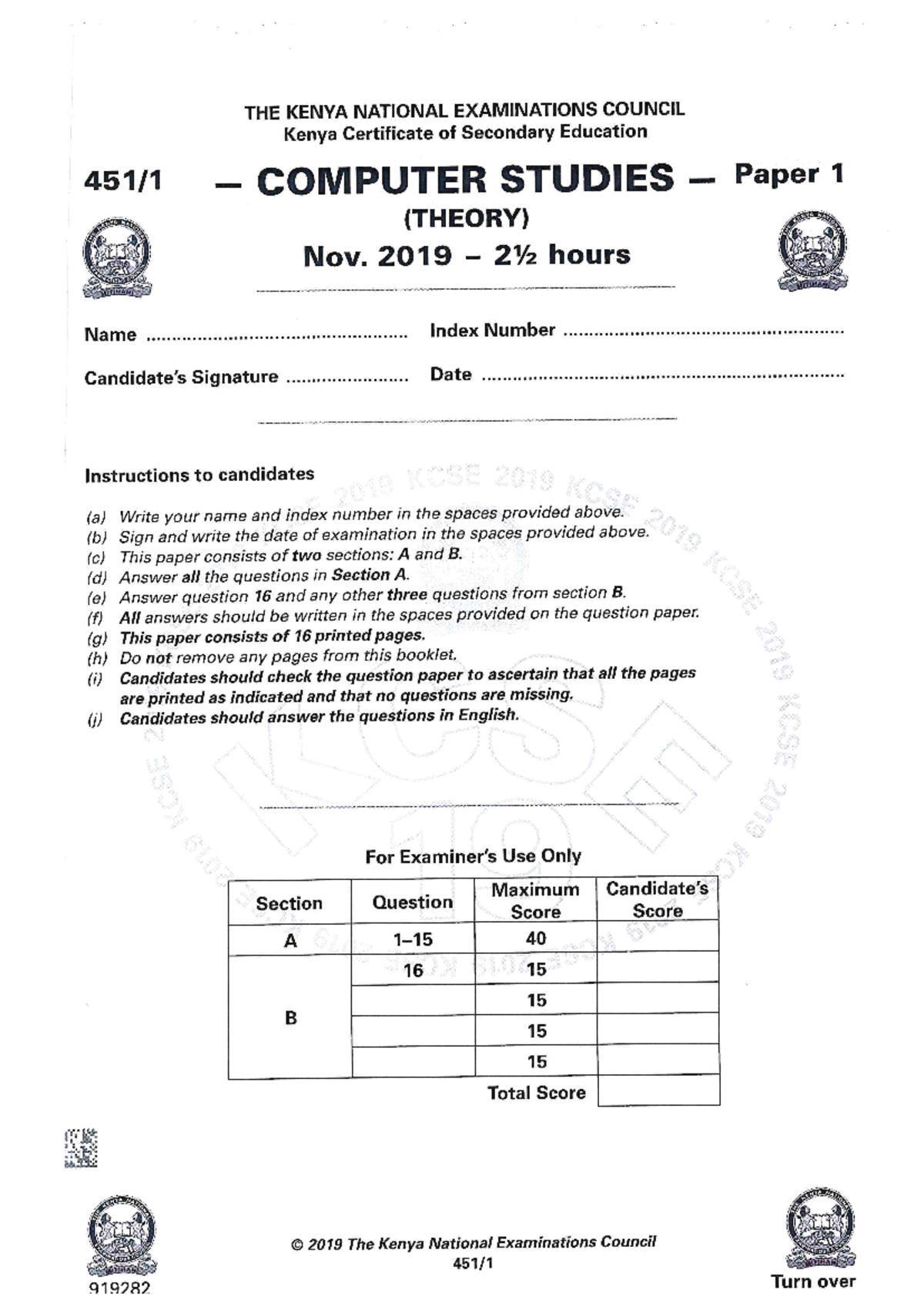 2019 KCSE Computer Studies Paper 1 - THE KENYA NATIONAL EXAMINATIONS ...