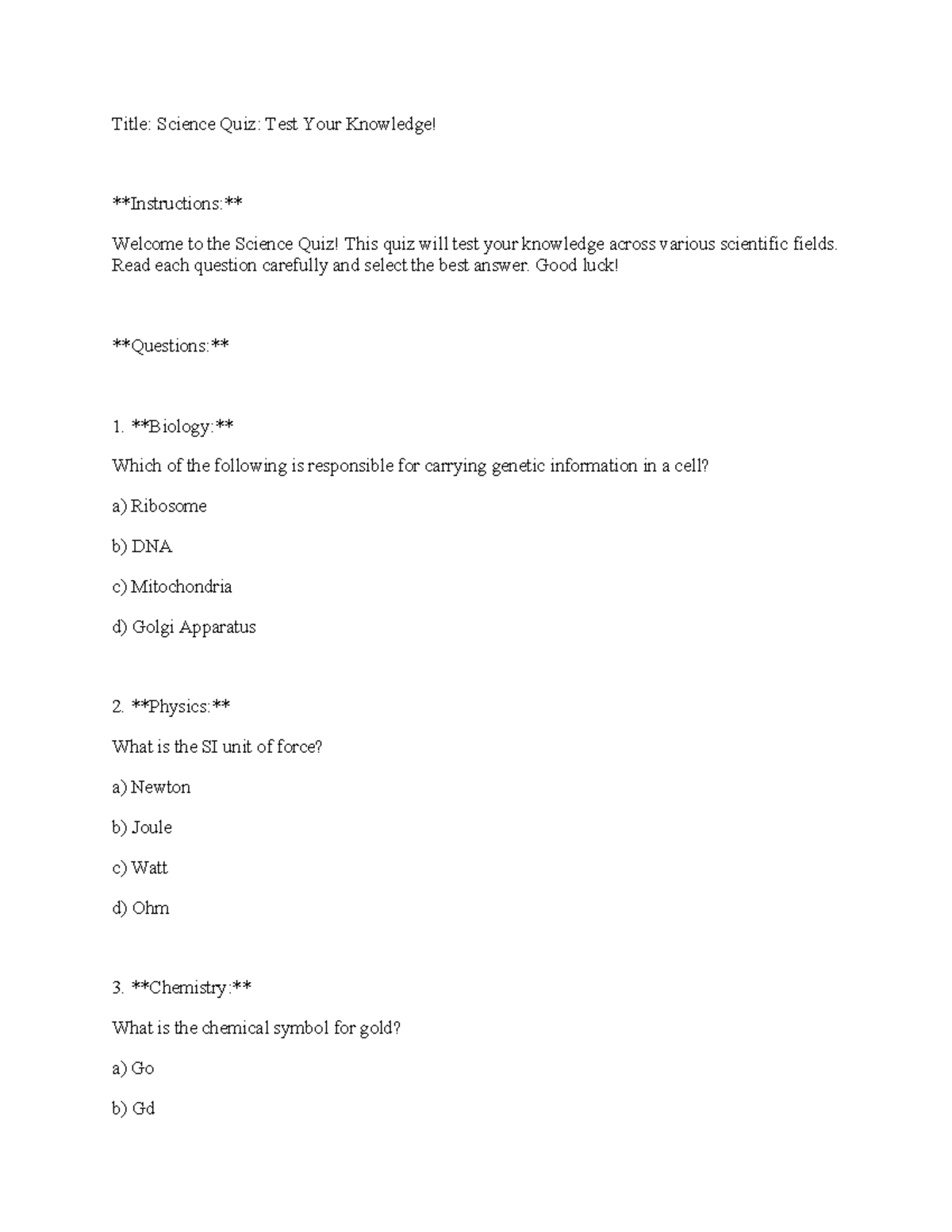 Science Quiz Test Your Knowledge - Title: Science Quiz: Test Your ...