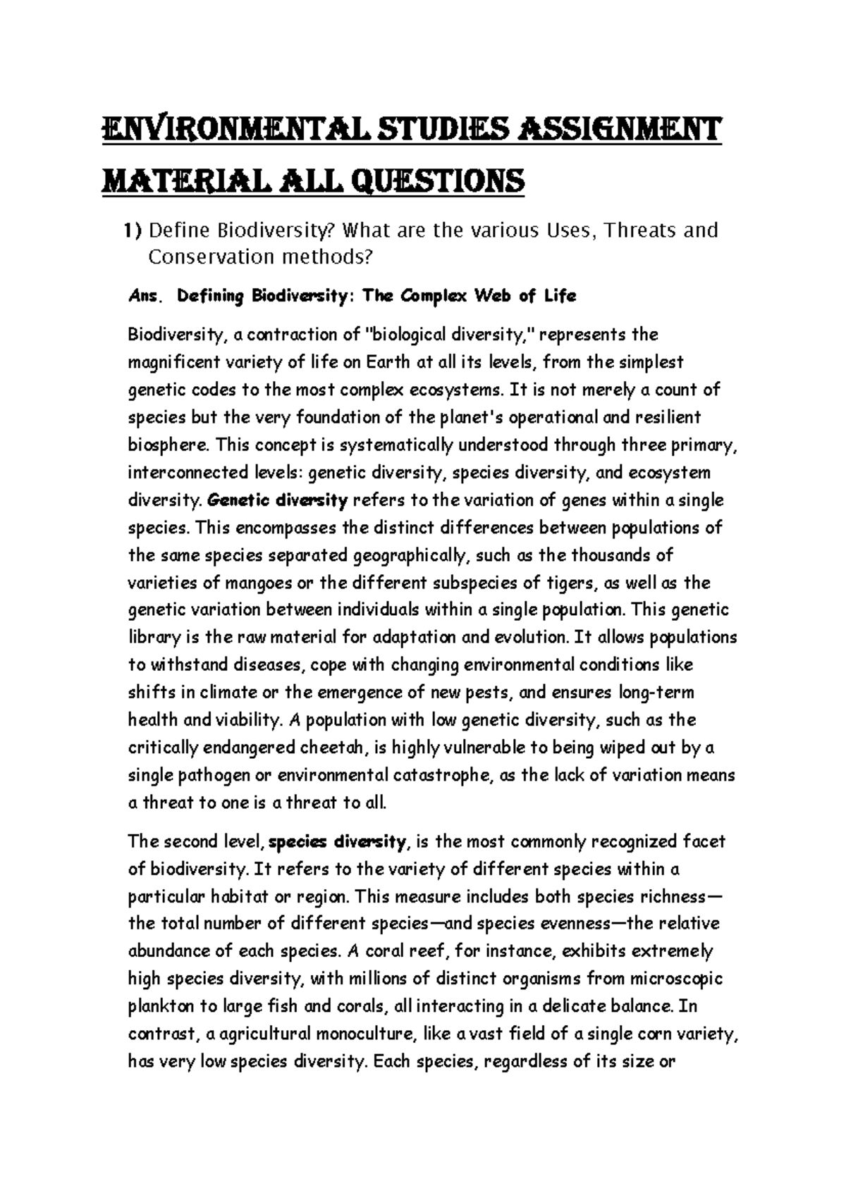 EVS Assignment Material: Biodiversity, Climate Change, and River ...