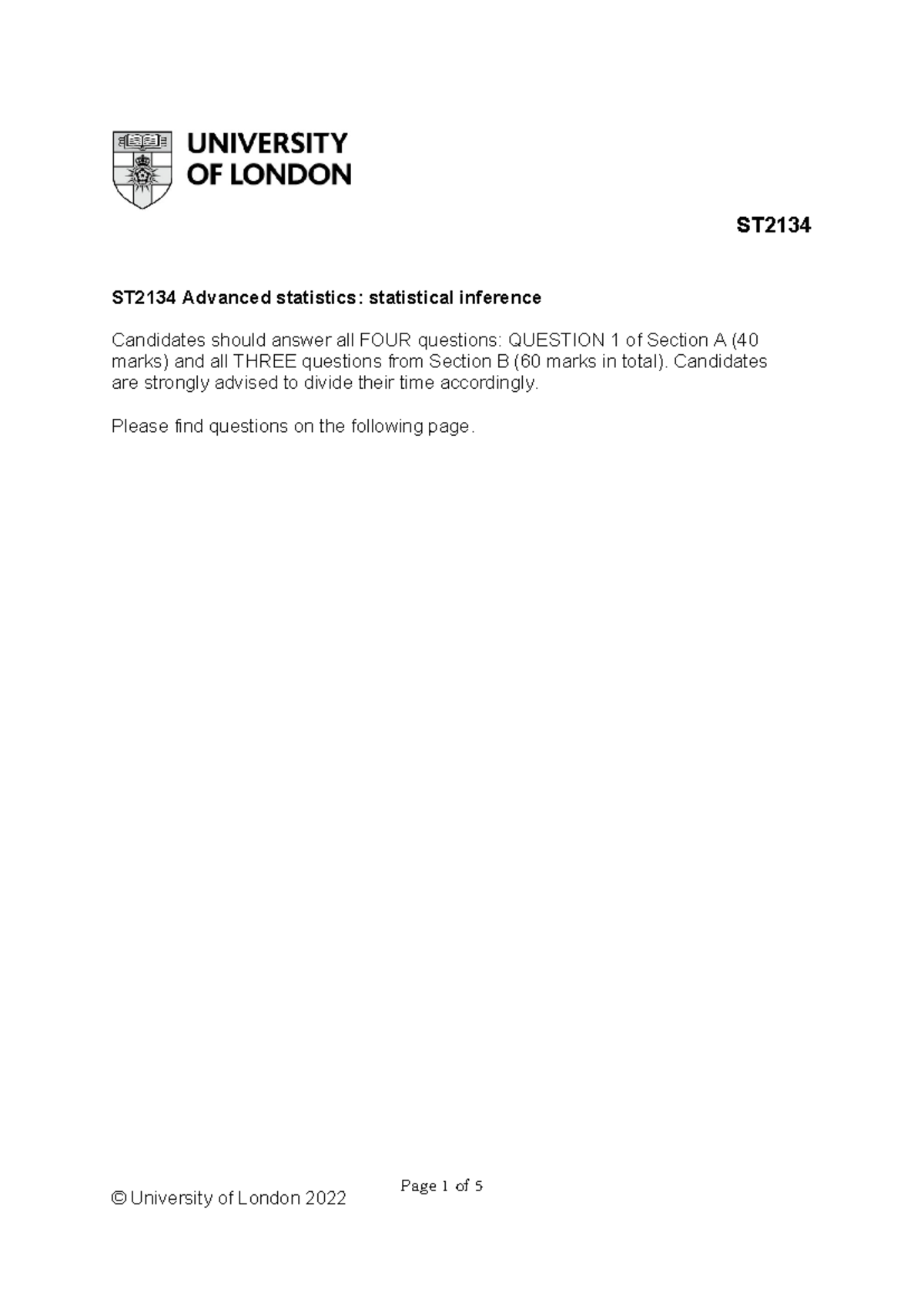 ST2134 Advanced Statistics: Statistical Inference Exam Paper 2022 - Studocu