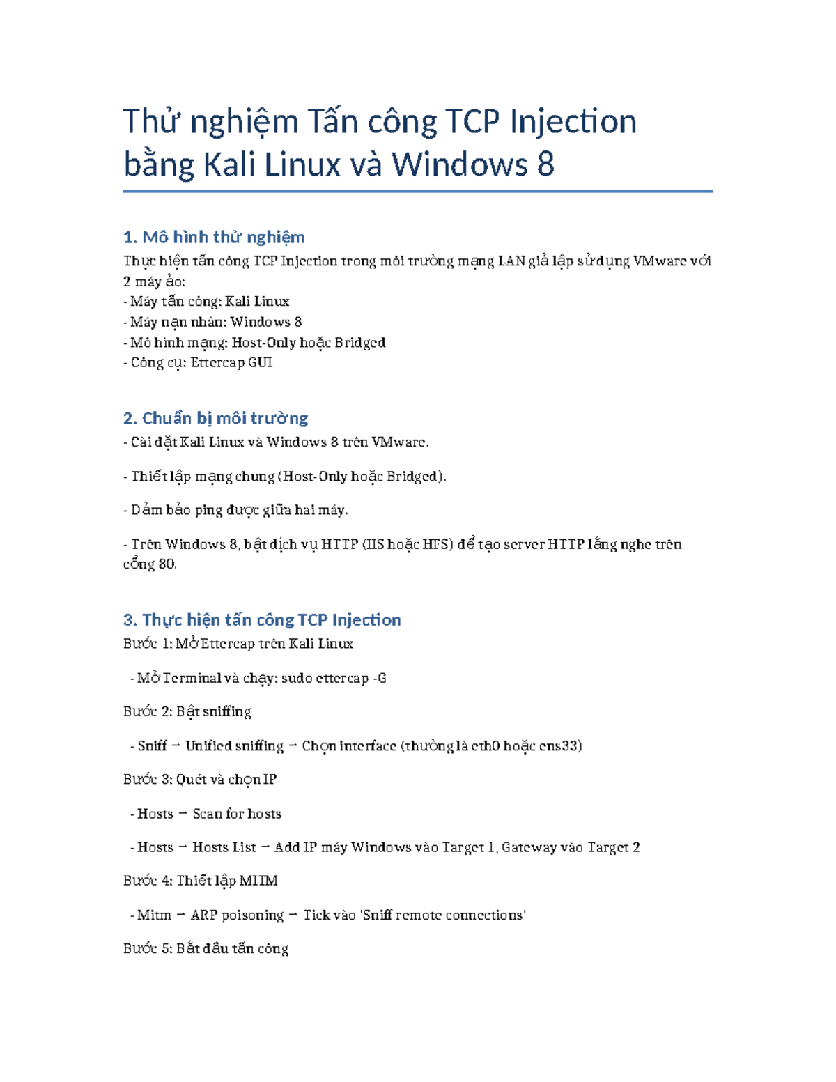 Thí nghiệm Tấn công TCP Injection bằng Kali Linux và Windows 8 - Studocu