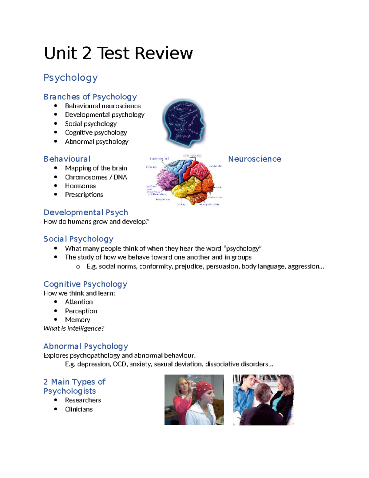 Introduction to APS - Unit 2 Test Review: Psychology Branches and ...
