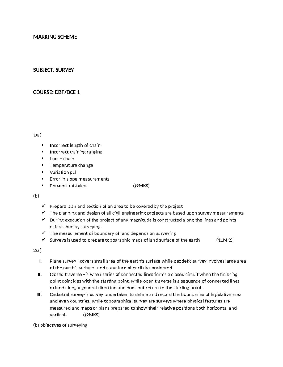Survey Marking Scheme: Key Concepts and Procedures (SURV 101) - Studocu