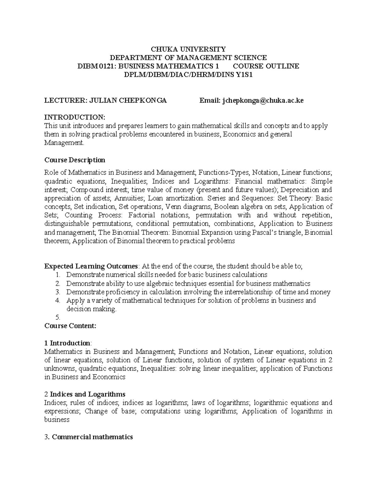 DIBM 121: Business Mathematics 1 Course Outline and Overview - Studocu