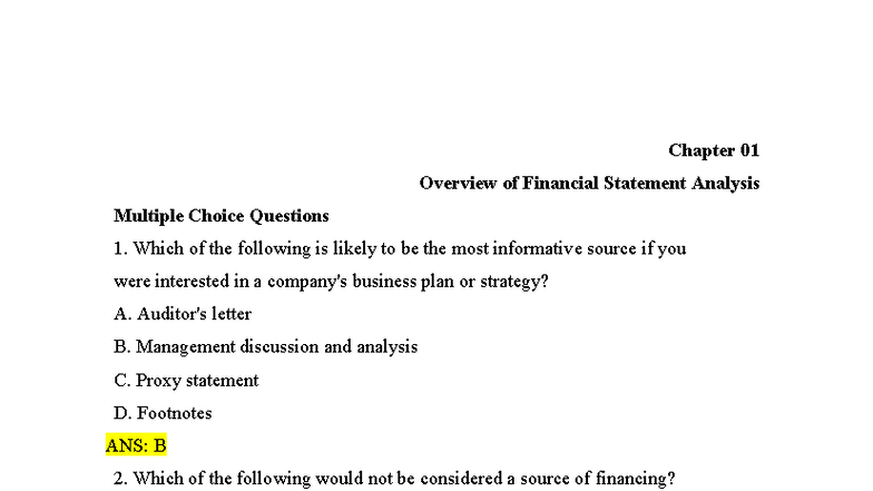 Chapter 01 & 02 Financial Statement Analysis MCQs (Course Code: TN ON ...