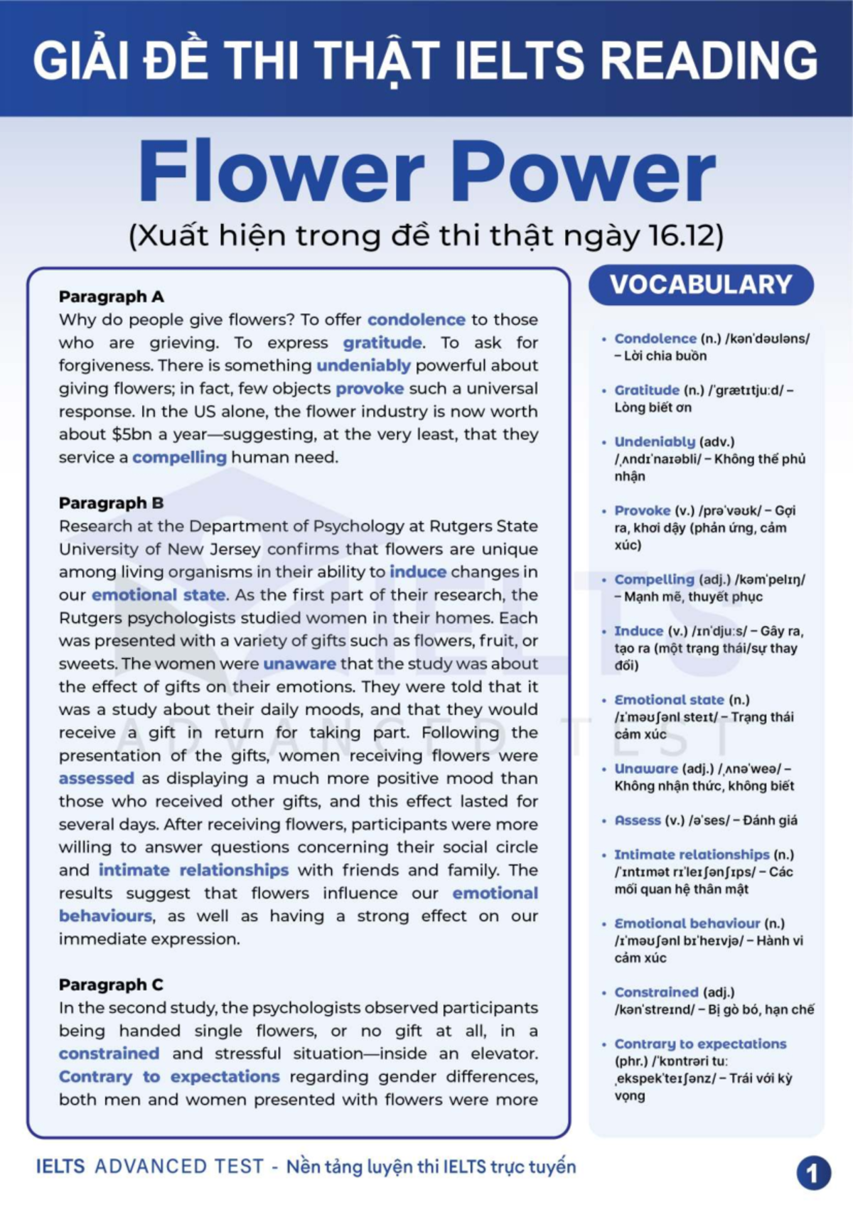 GIẢI ĐỀ THI THẬT IELTS READING: Flower Power (Xuất hiện trong đề thi ...