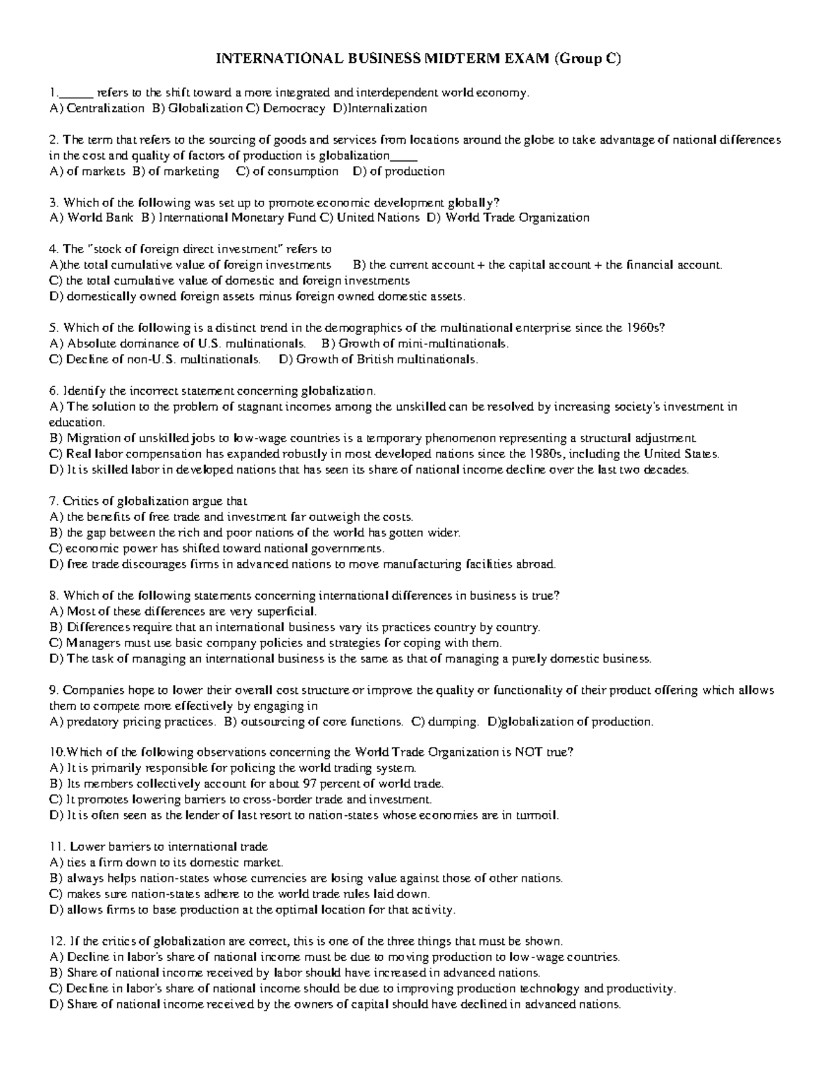 Midterm Exam Study Notes: Globalization and Trade Concepts (Course Code ...