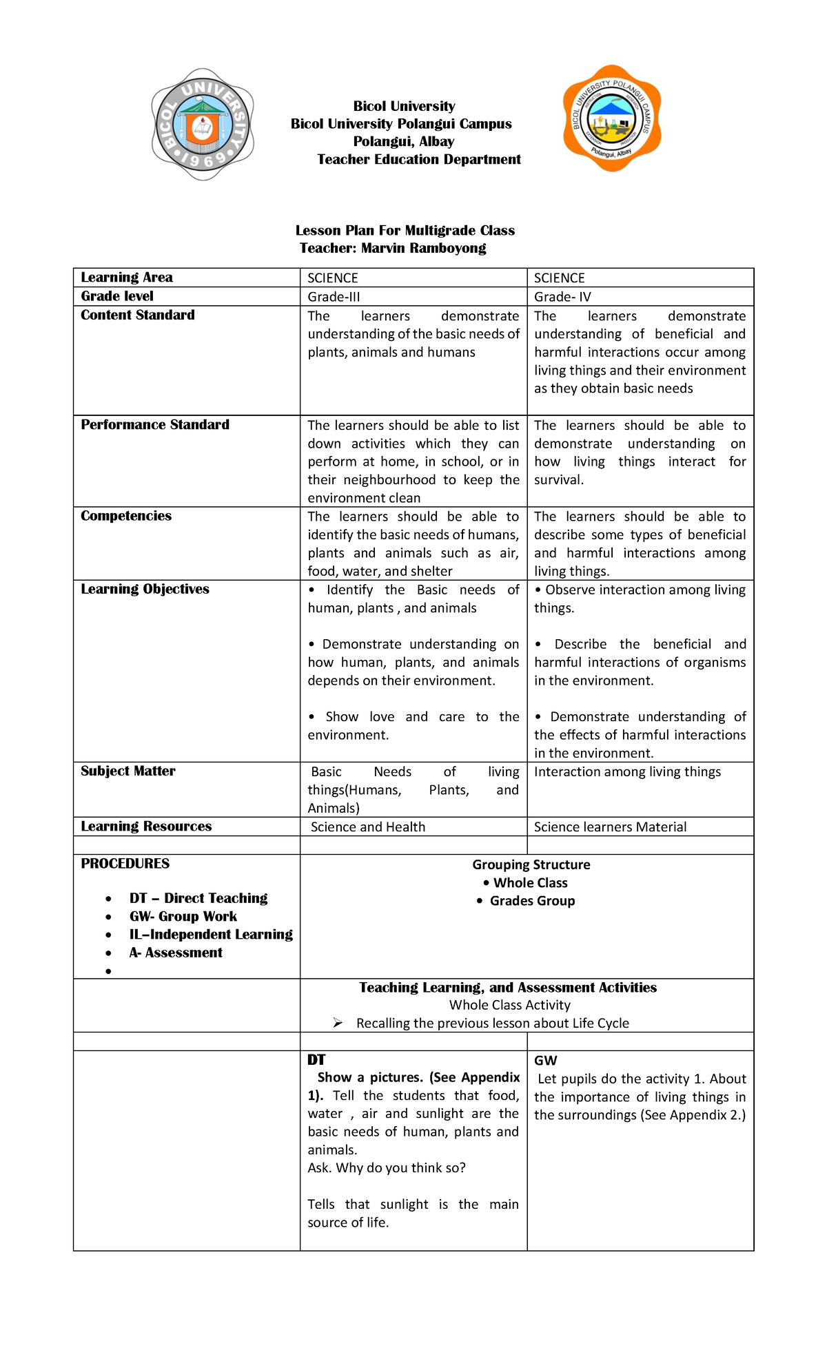 Multi-Grade Class DLP. M - Bicol University Bicol University Polangui ...