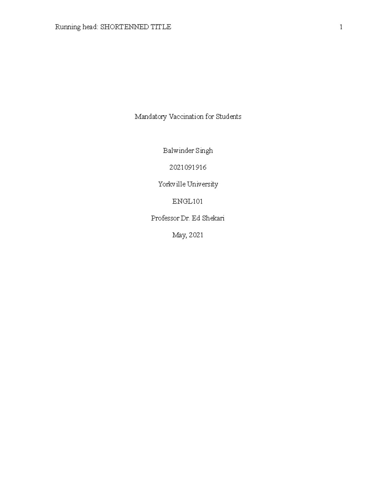 ENGL101 Assignment 2 - Essay on Mandatory Vaccination for Students ...