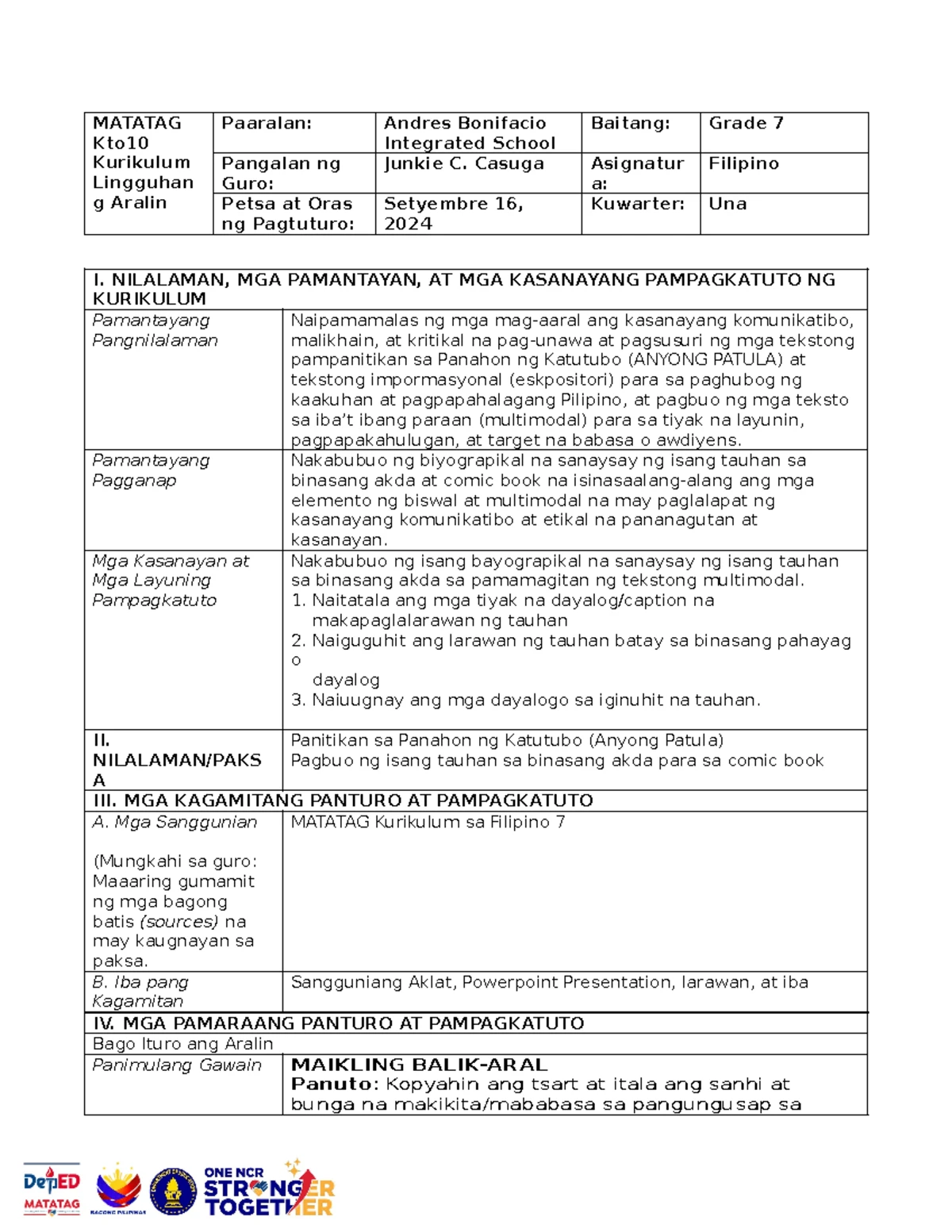 WEEK 1 Unang ARAW - Lesson Plan for Filipino (Grade 7) - Studocu
