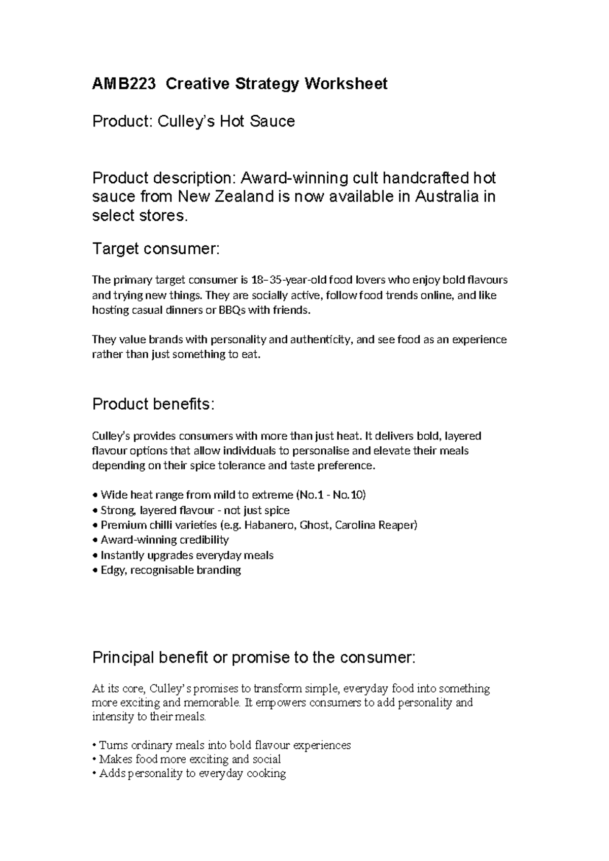 AMB223 Creative Strategy Worksheet: Hot Sauce Brand Positioning - Studocu