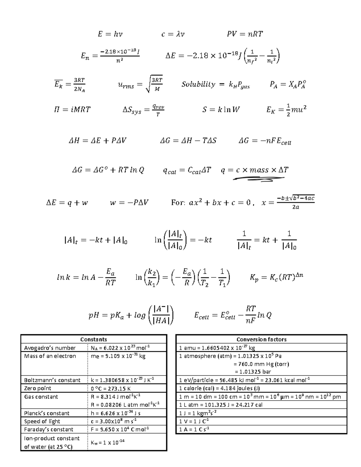 CHM135 Final Exam Equation Sheet: Key Constants & Formulas - Studocu